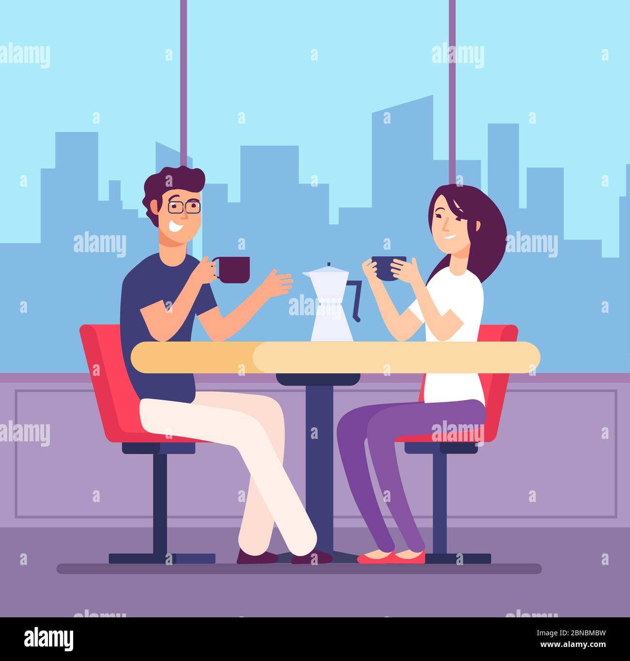 Paar trinken Kaffee. Flirtende Frau und Mann am Tisch mit Kaffeetassen im Café. Romantisches Datumsvektorkonzept. Illustration von Kaffee trinken im Café Stock Vektor