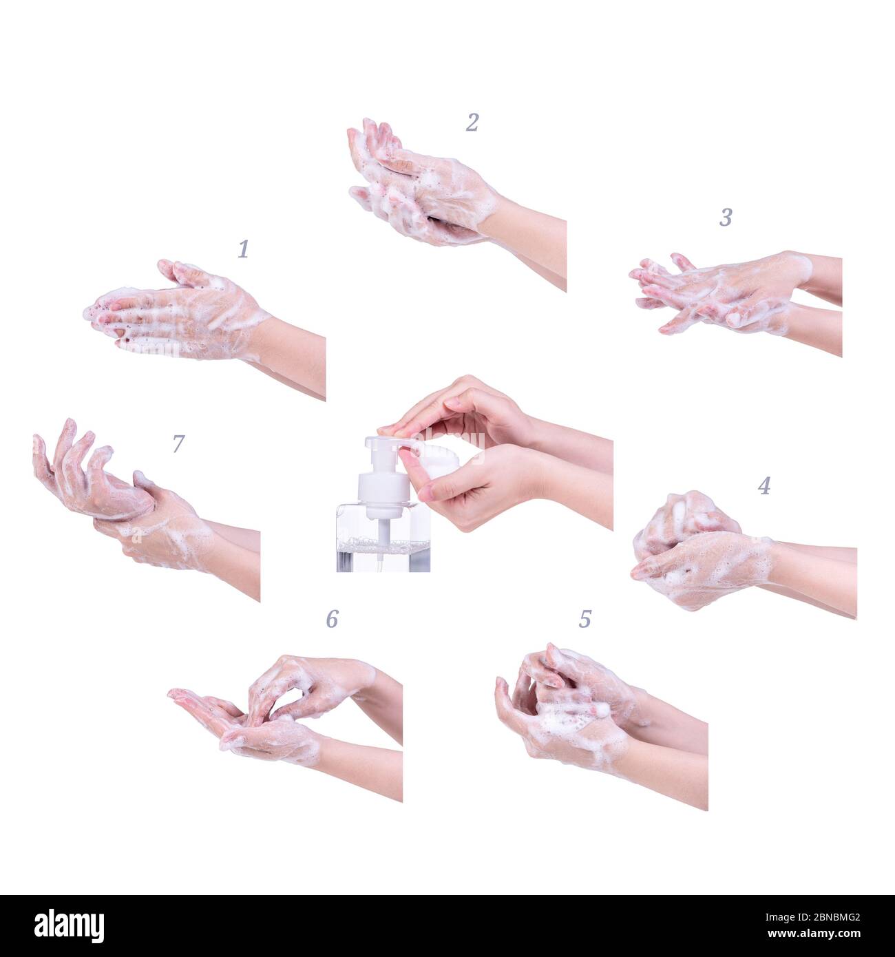 Anleitung zum Händewaschen isoliert auf weißem Hintergrund. Asiatische junge Frau mit flüssiger Seife, Konzept zum Schutz Pandemie Coronavirus, Nahaufnahme. Stockfoto