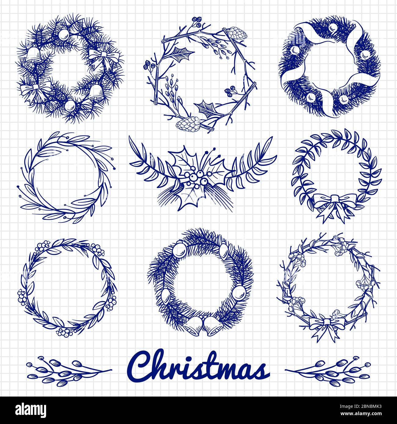 Kugelschreiber Zeichnung Weihnachten Doodle Kranz und dekorative Zweige. Vektor weihnachtskranz Dekoration, Winter Gruß Weihnachten Illustration Stock Vektor