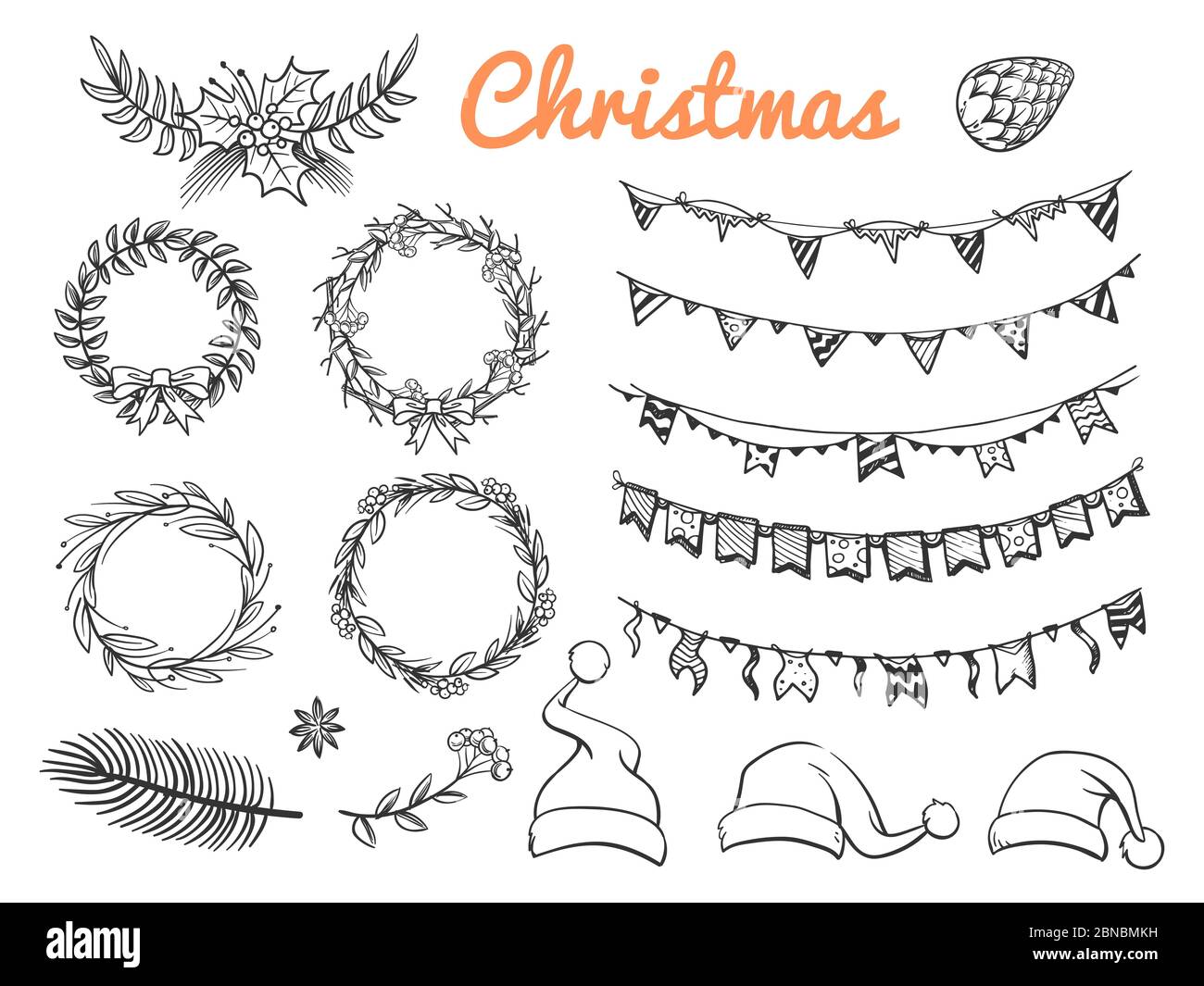Große Skizze Weihnachtssymbole Vektorelemente isoliert auf weißem Hintergrund. Illustration von Skizze weihnachtsfeiertag, Weihnachtsfeier Stock Vektor