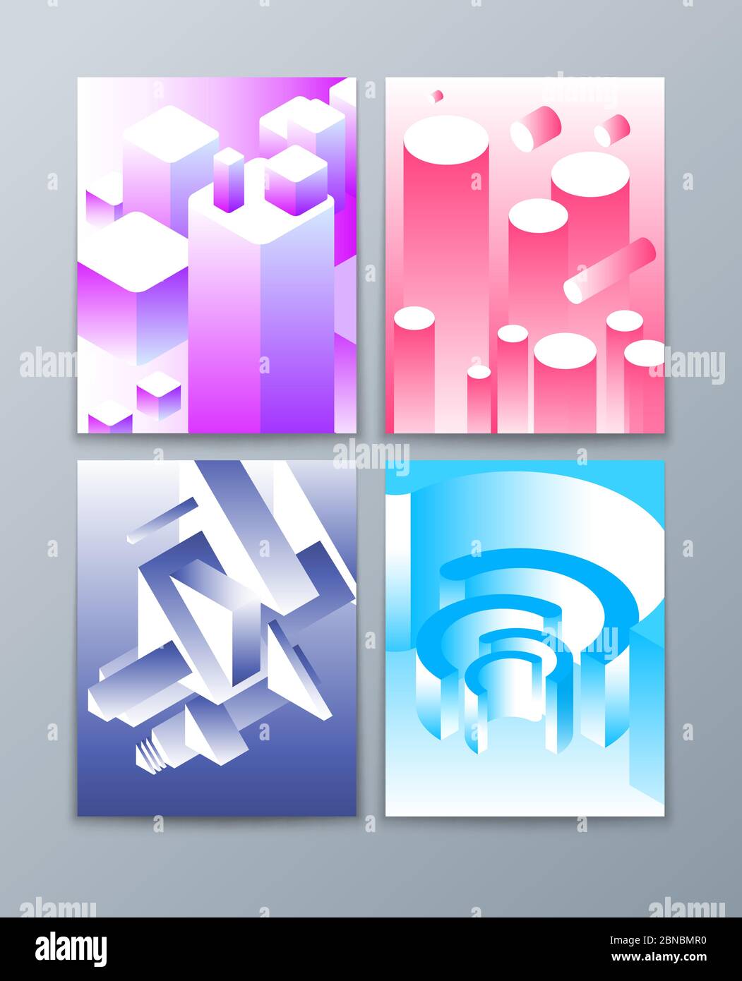 Isometrische abstrakte Formen. 3d futuristische geometrische Objekte in trendigen Farben. Vektorbroschüre Kollektion. Abbildung des isometrischen geometrischen Farbbanners Stock Vektor