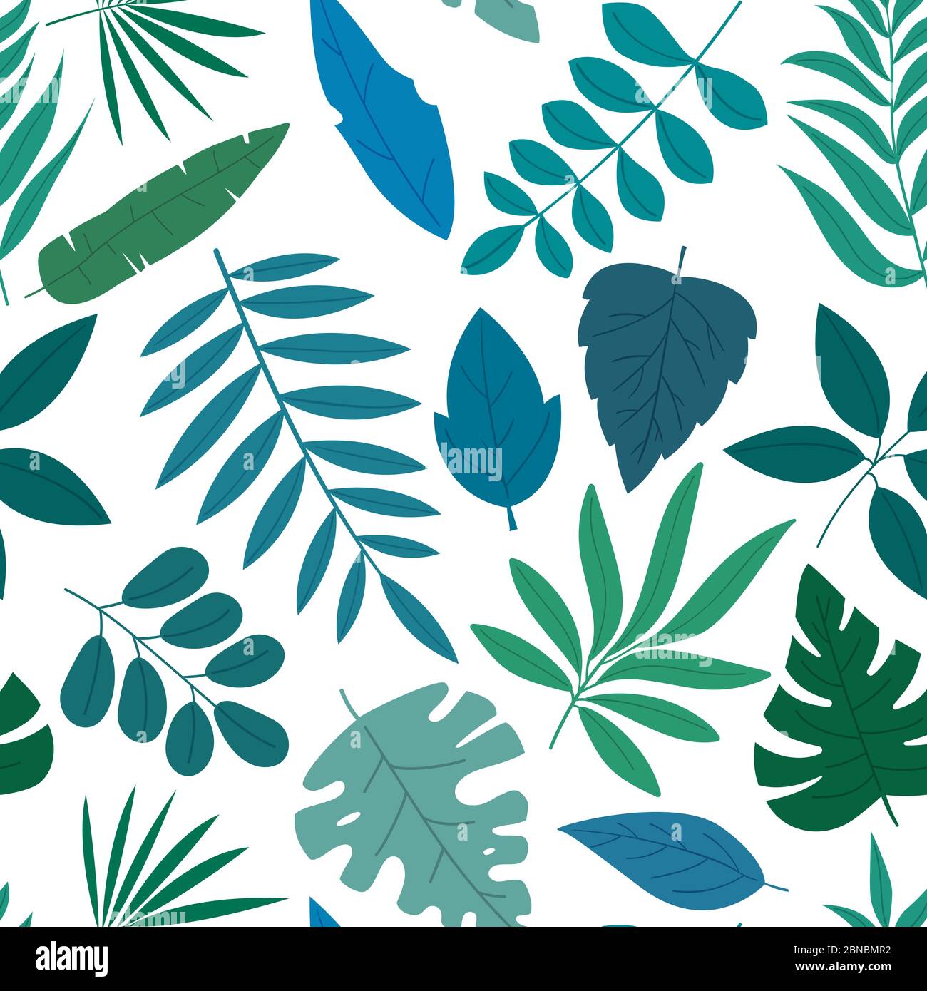 Nahtlose Muster-Set aus vielen verschiedenen blauen und grünen tropischen exotischen Blättern, Pflanzen und Früchten auf weißem Hintergrund. Sammlung von abgeschlossen und ich Stock Vektor