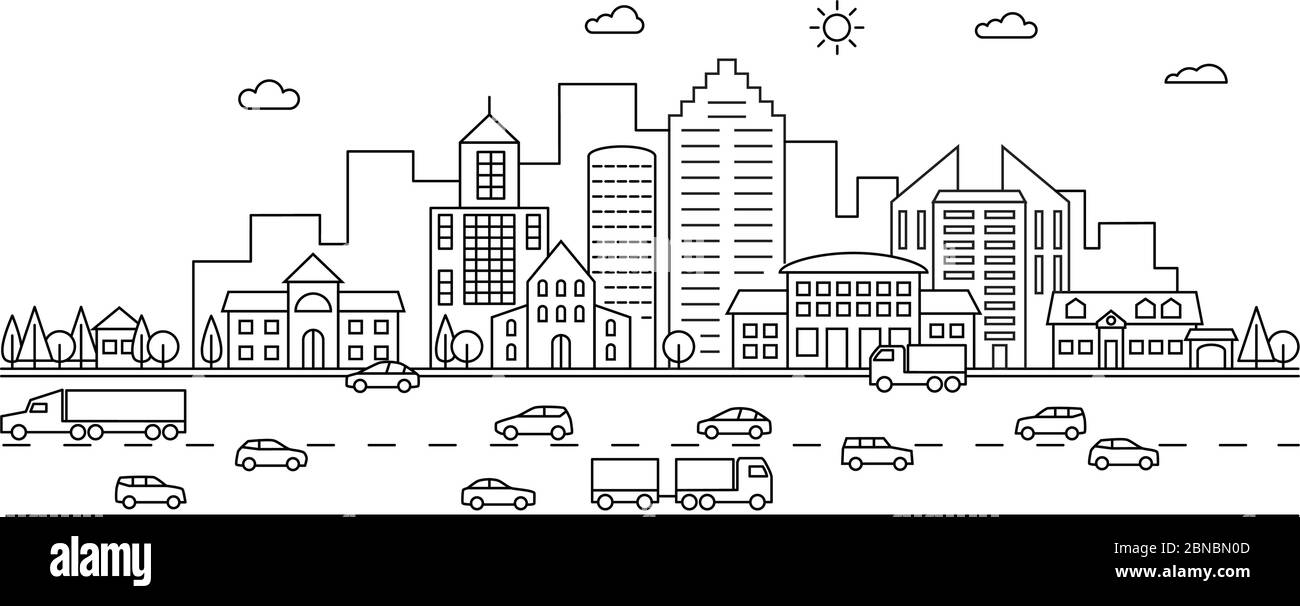Linienflughafen. Skizzieren Sie die Straße mit Gebäuden und Autos. Moderne Vektor Doodle Stadtbild und Transport. Abbildung der Stadt- und Stadtstraße Stock Vektor