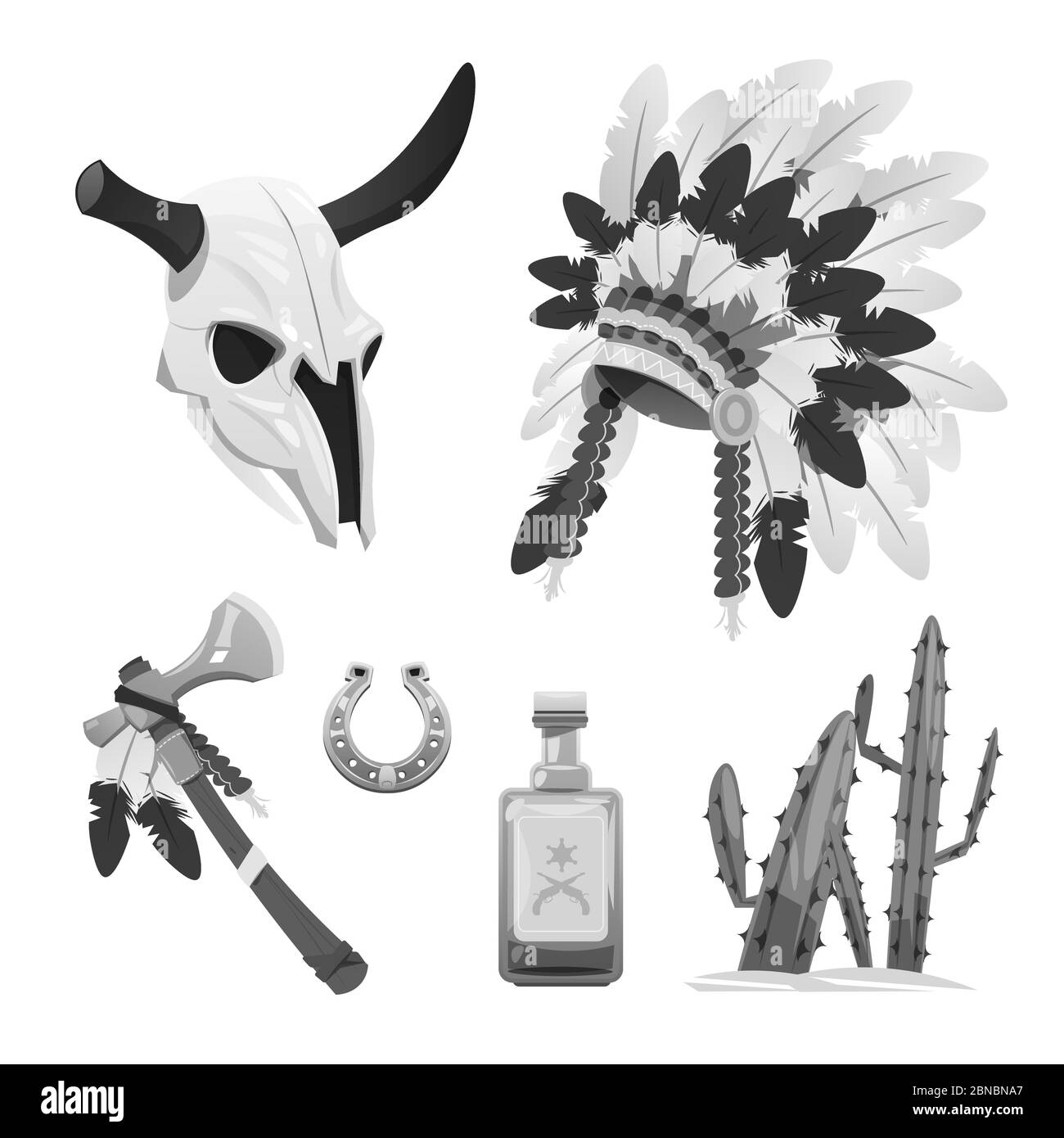 Graue Halbtöne Tribal indian Vektor-Objekte - Büffelschädel, Kopfschmuck, Tomahawk Illustration Stock Vektor