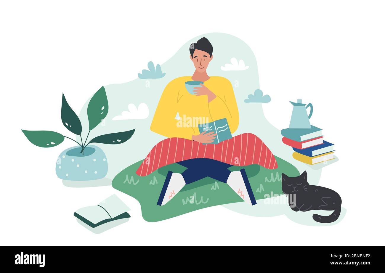 Der junge Junge sitzt mit einem Karomugel auf dem Gras und liest ein Buch, während er an bewölkten Tagen eine Tasse Tee oder Kaffee trinkt. Eine schwarze Katze schläft in der Nähe. Sehr Stock Vektor