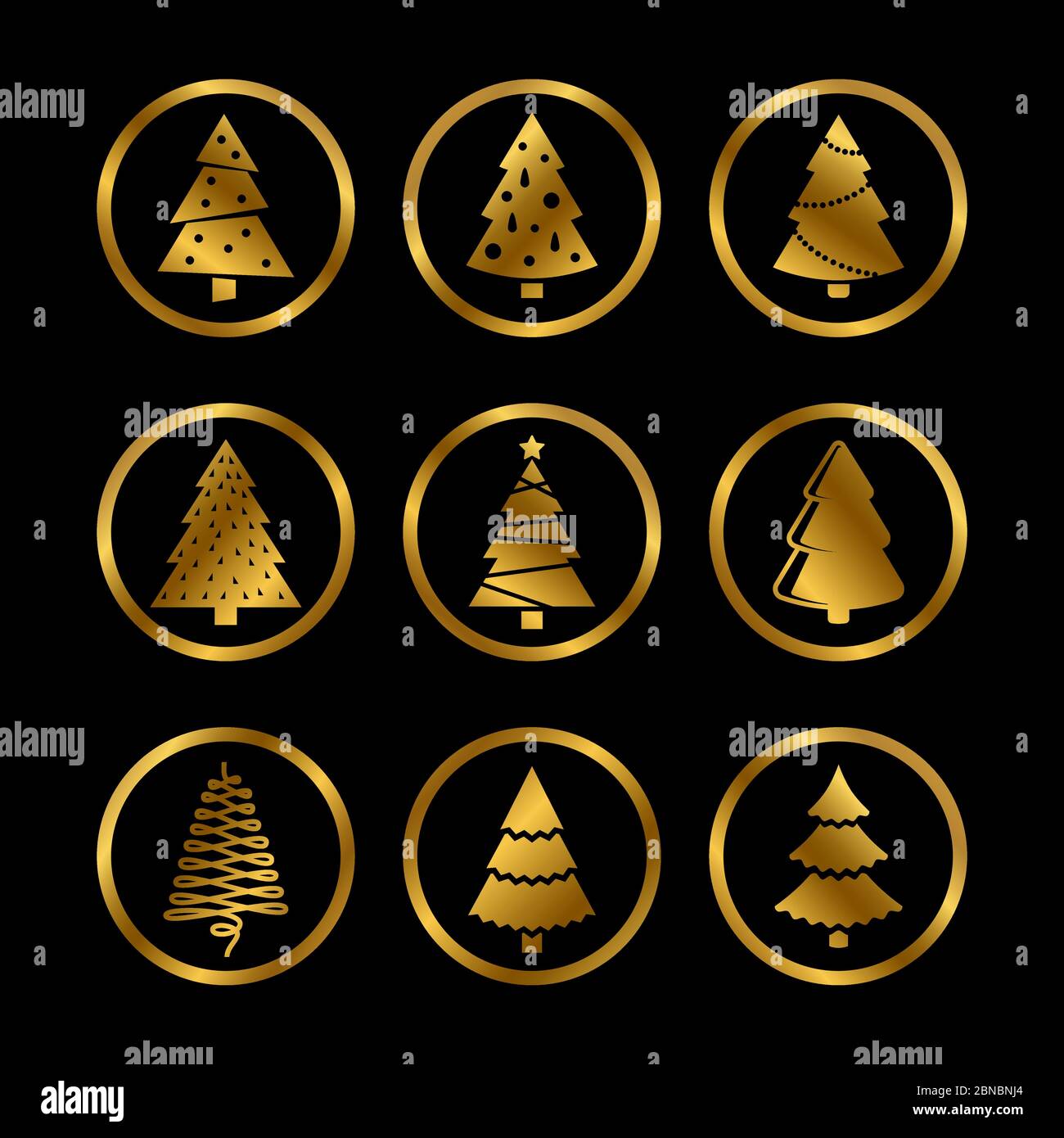 Gold helle Silhouette weihnachtsbäume Vektor stilisierte Symbole auf schwarzem Hintergrund Illustration Stock Vektor