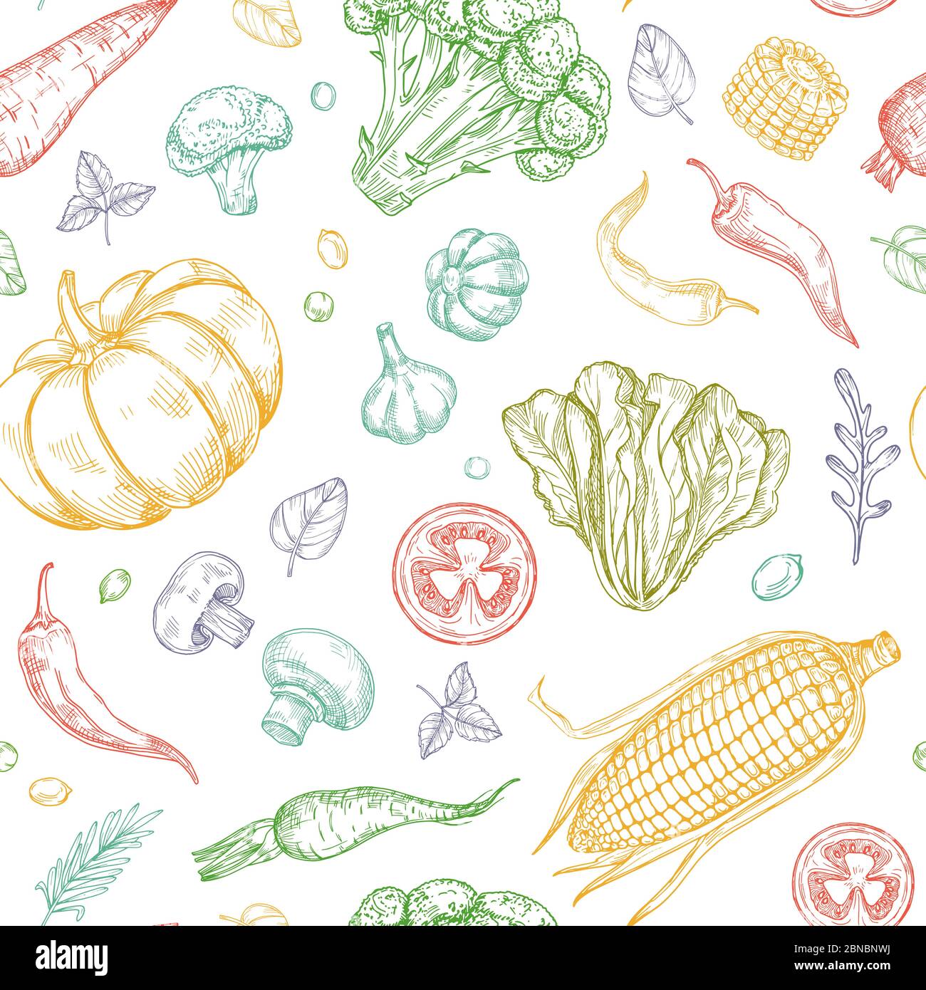 Skizzieren Gemüse nahtlose Muster. Gemüsesuppe Bio Bauernhof Lebensmittel Vektor vegetale Hintergrund. Illustration von Bio-Lebensmittel Muster Gemüse Stock Vektor