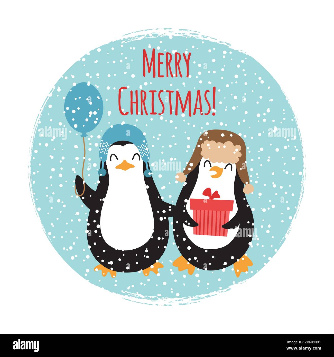 Frohe Weihnachten niedlichen Pinguine Vintage Karte Design isoliert auf weißen Illustration Stock Vektor