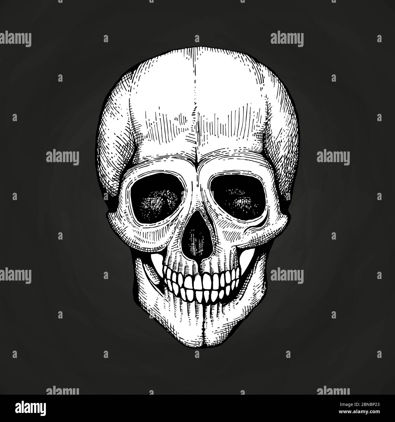 Hand skizziert Vektor Tod beängstigend menschlichen Schädel isoliert auf schwarzen Tafel Illustration Stock Vektor