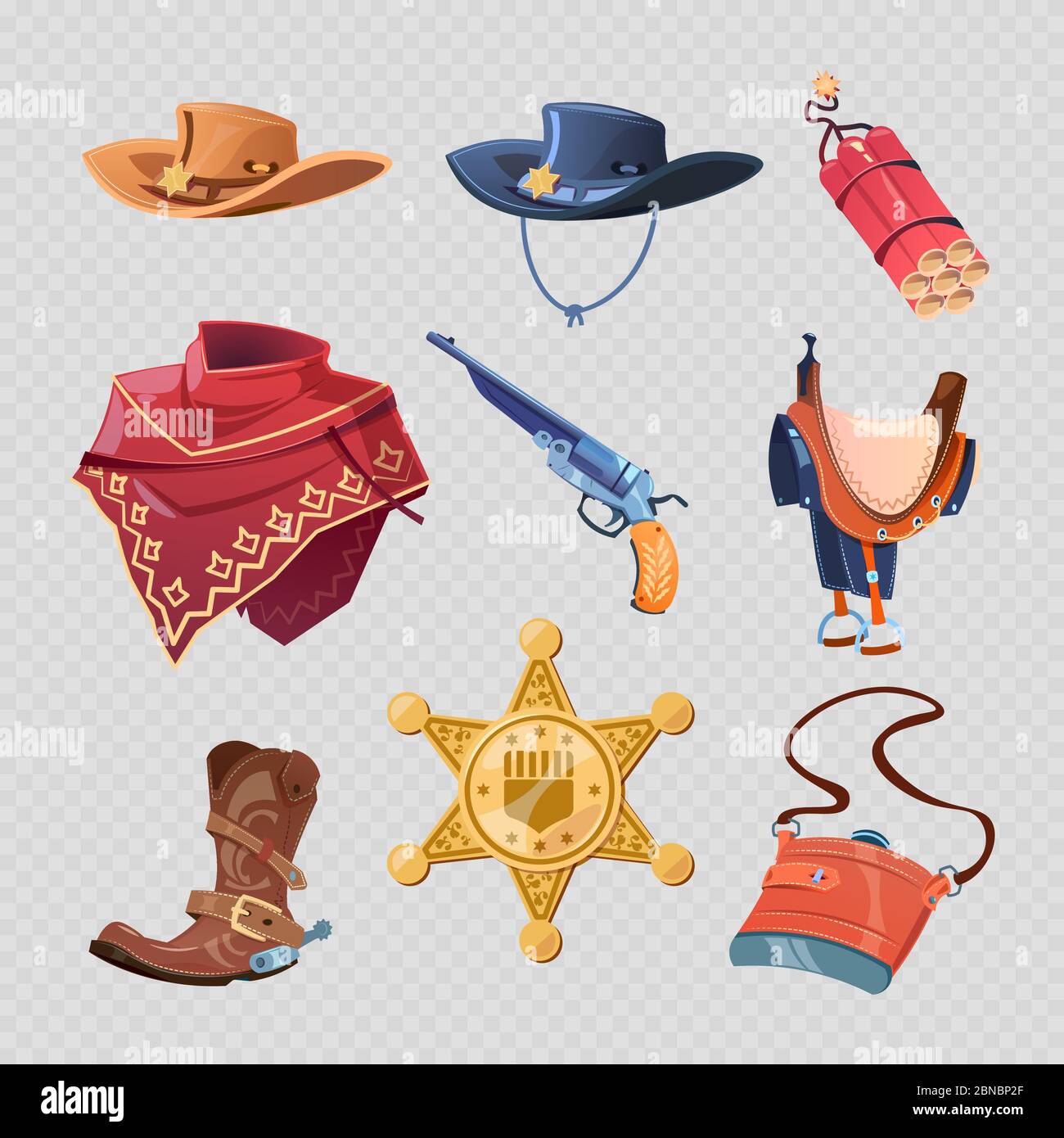 Stilvolle Cowboy oder Western Sheriff Clothers und Accessoires isoliert auf transparentem Hintergrund. Vektorgrafik Stock Vektor