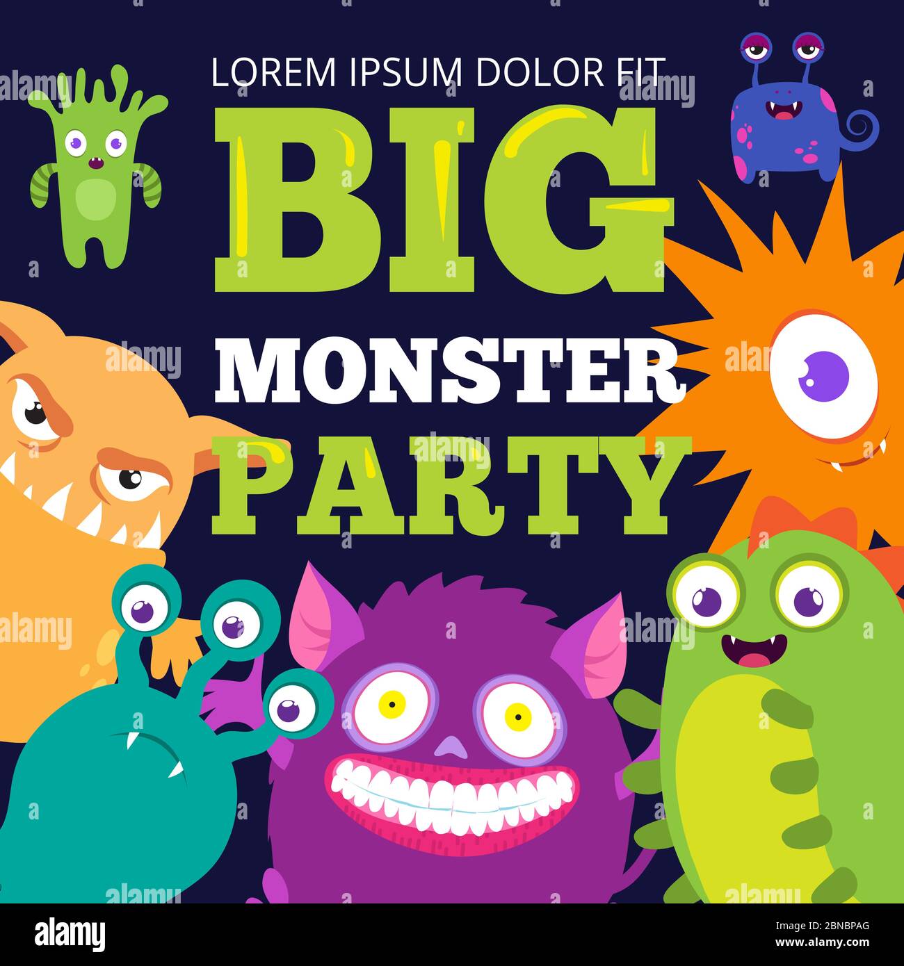 Halloween Monster Party Banner Vorlage mit niedlichen Comic-Figuren. Einladung Geburtstagsplakat mit glücklichen Monstern. Vektorgrafik Stock Vektor