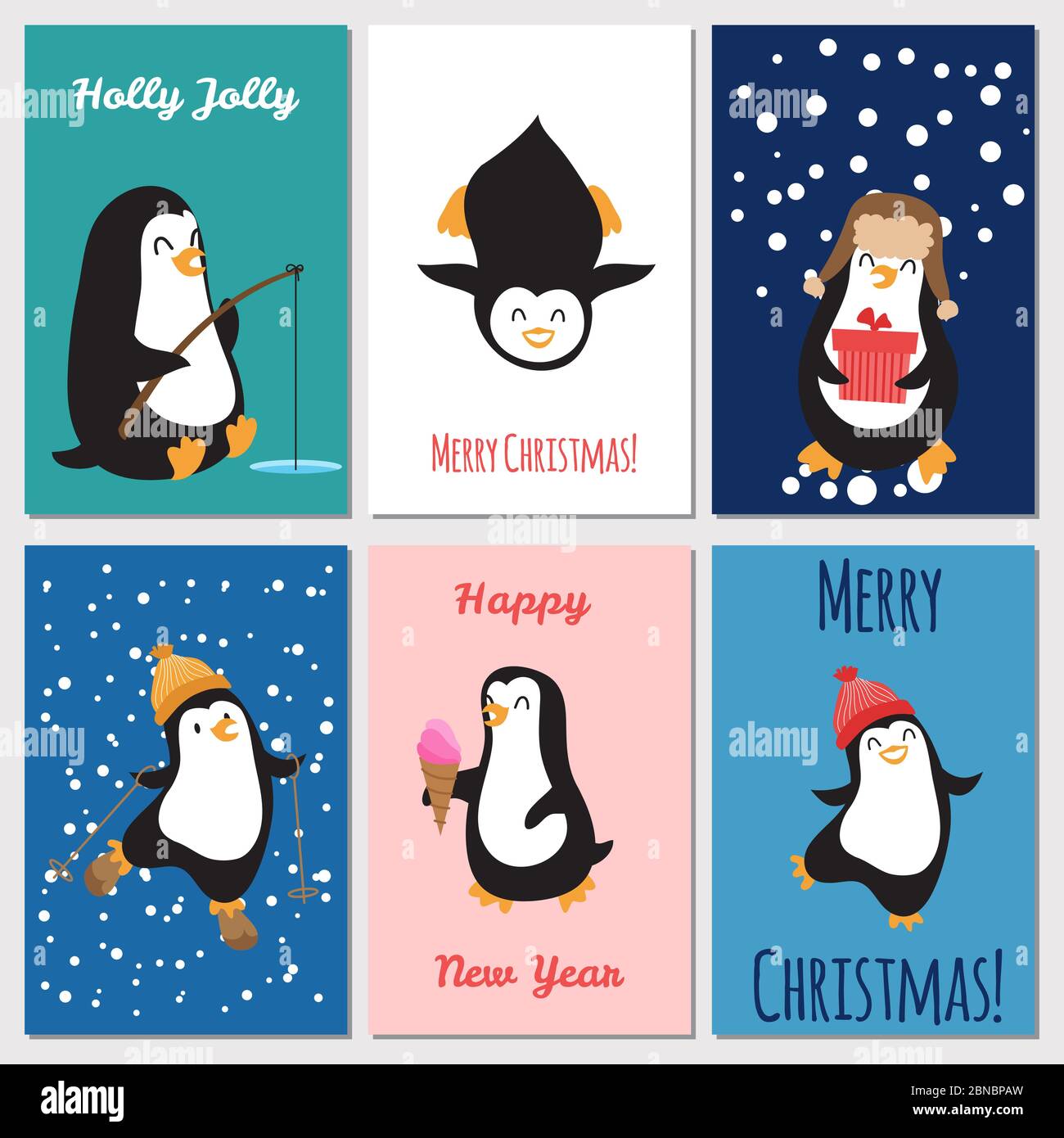 Urlaub Grußkarten Vektorvorlage. Niedliche Pinguine Weihnachtskarten Design Illustration Stock Vektor