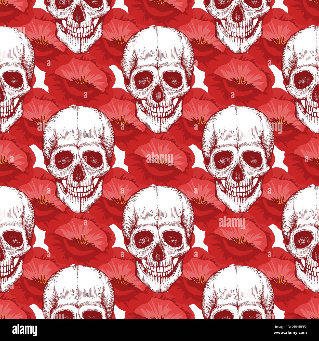 Menschliche Schädel Skizze und roten Mohn Blumen nahtlose Muster Illustration Hintergrund Stock Vektor