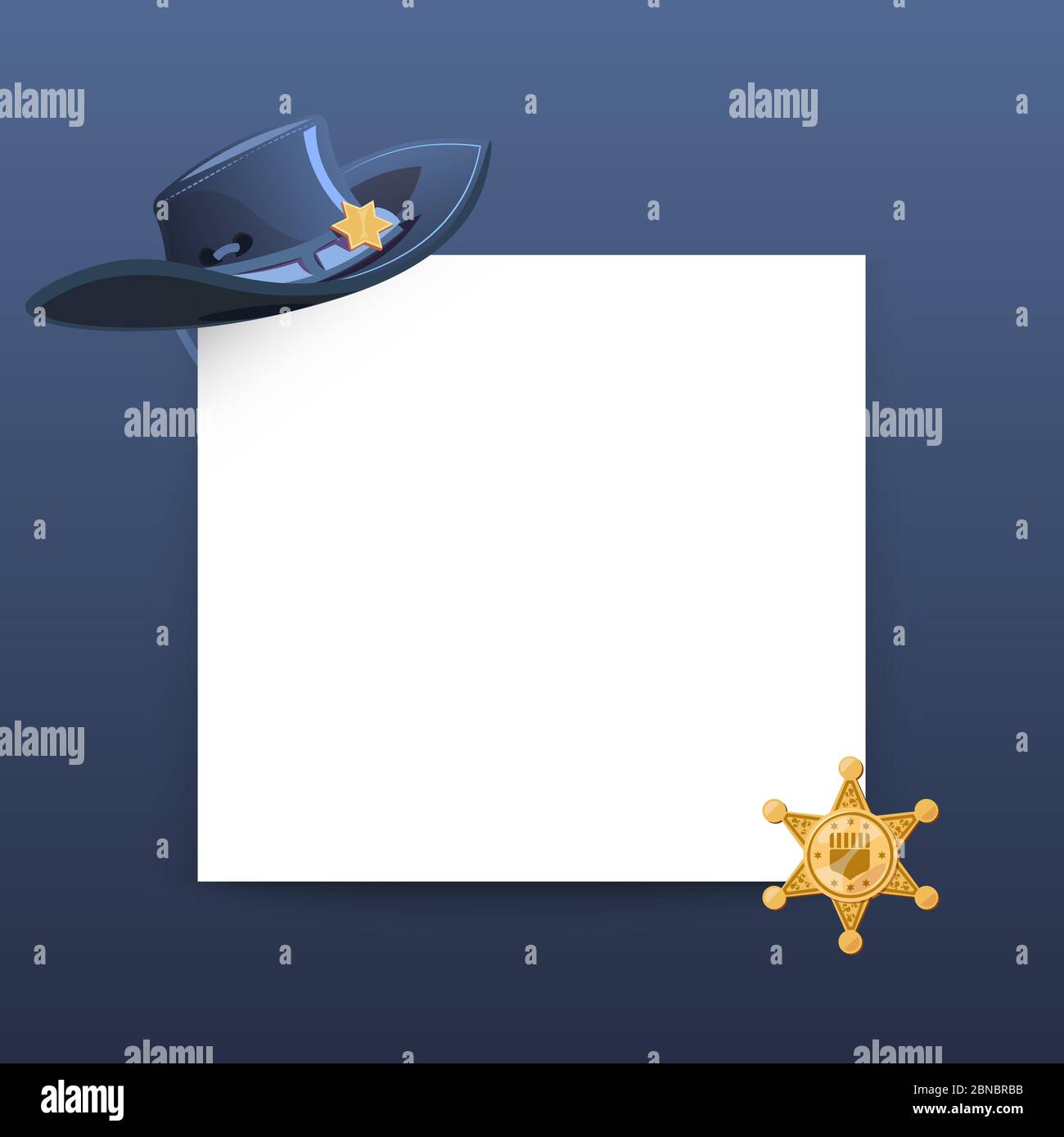 WESTERN Stil Grußkarte Vektor-Vorlage mit leerem Papierbogen, Cowboy Hut und Sheriff Gold Stern Illustration Stock Vektor