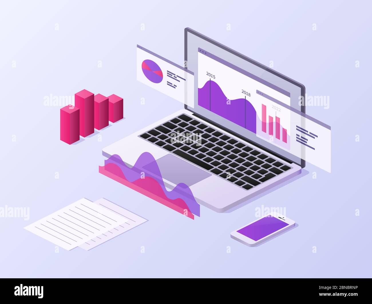 Isometrisches Konzept für Business-Apps. 3d-Laptop und Smartphone mit Datendiagrammen und Statistikdiagrammen. Hintergrund der Vektorgrafik für mobile Technologien. Infografik für Laptops, 3D-Karten und grafische Darstellung Stock Vektor