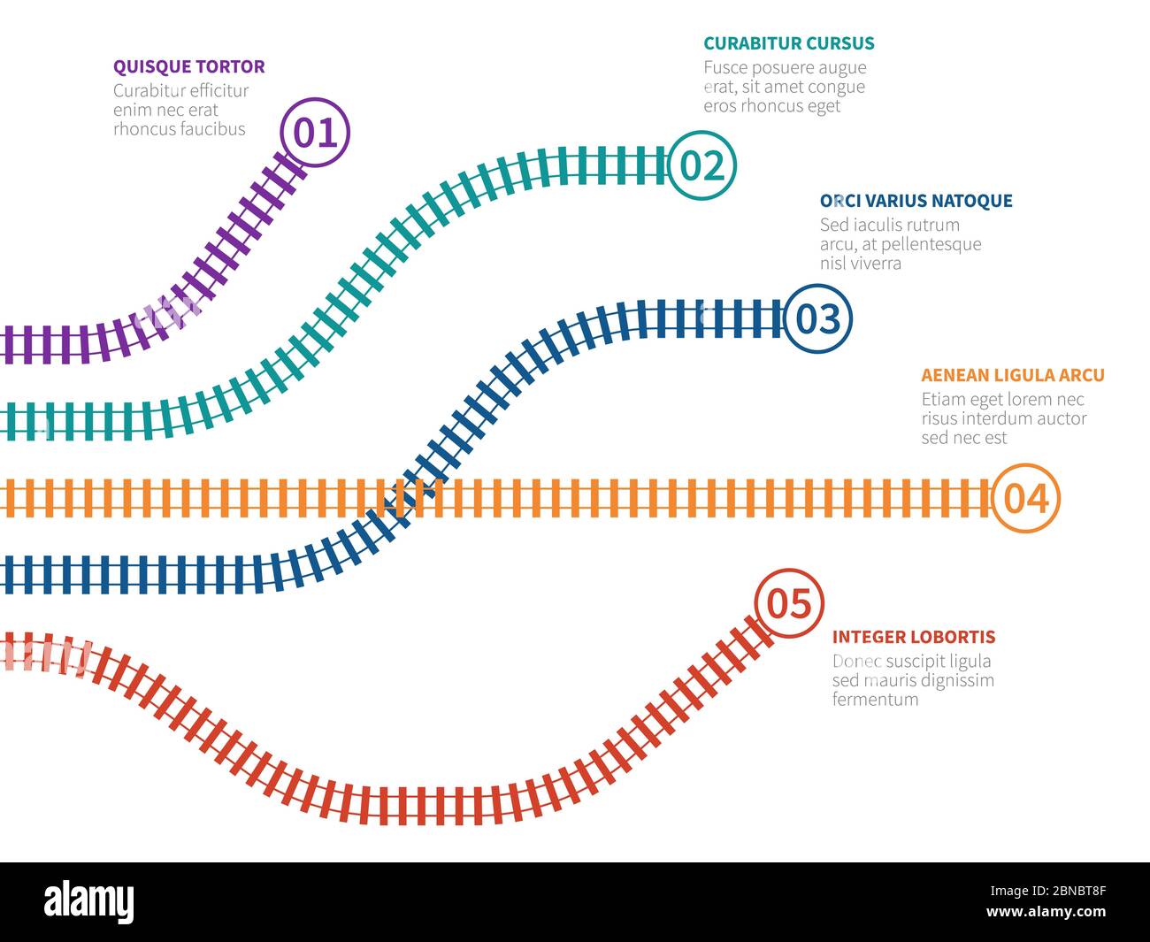 Infografik zu Eisenbahnschienen. Optionsdiagramm für Schienenverfolgung, Ablaufdiagramm für Schritte. Vektorgrafiken für Geschäftsprozesse. Grafik für die Geschäftsbahn Stock Vektor
