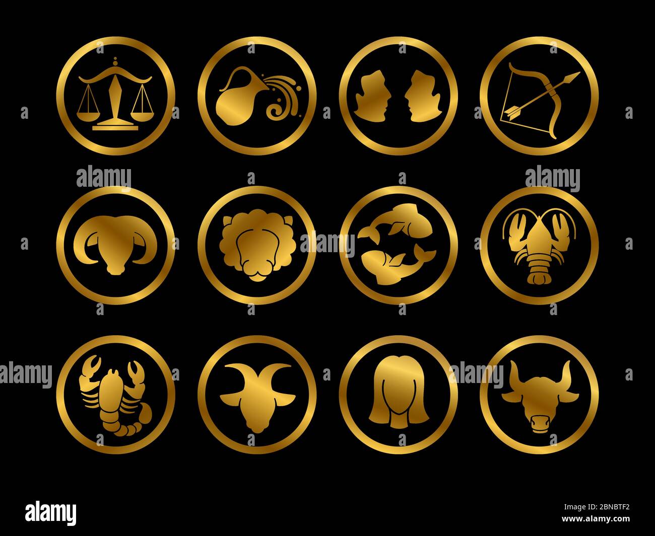Goldenes Horoskop Tierkreis Vektorzeichen. Astrologie Symbole auf schwarzem Hintergrund Illustration isoliert gesetzt Stock Vektor