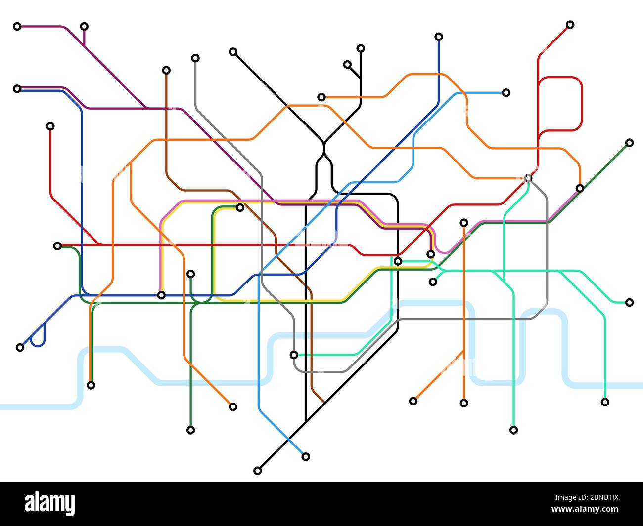 U-Bahn-Karte von London. U-Bahn-Haltestelle für öffentliche Verkehrsmittel. Vektorplan für den britischen Bahnhof. Abbildung der Linie der öffentlichen Verkehrsmittel Stock Vektor