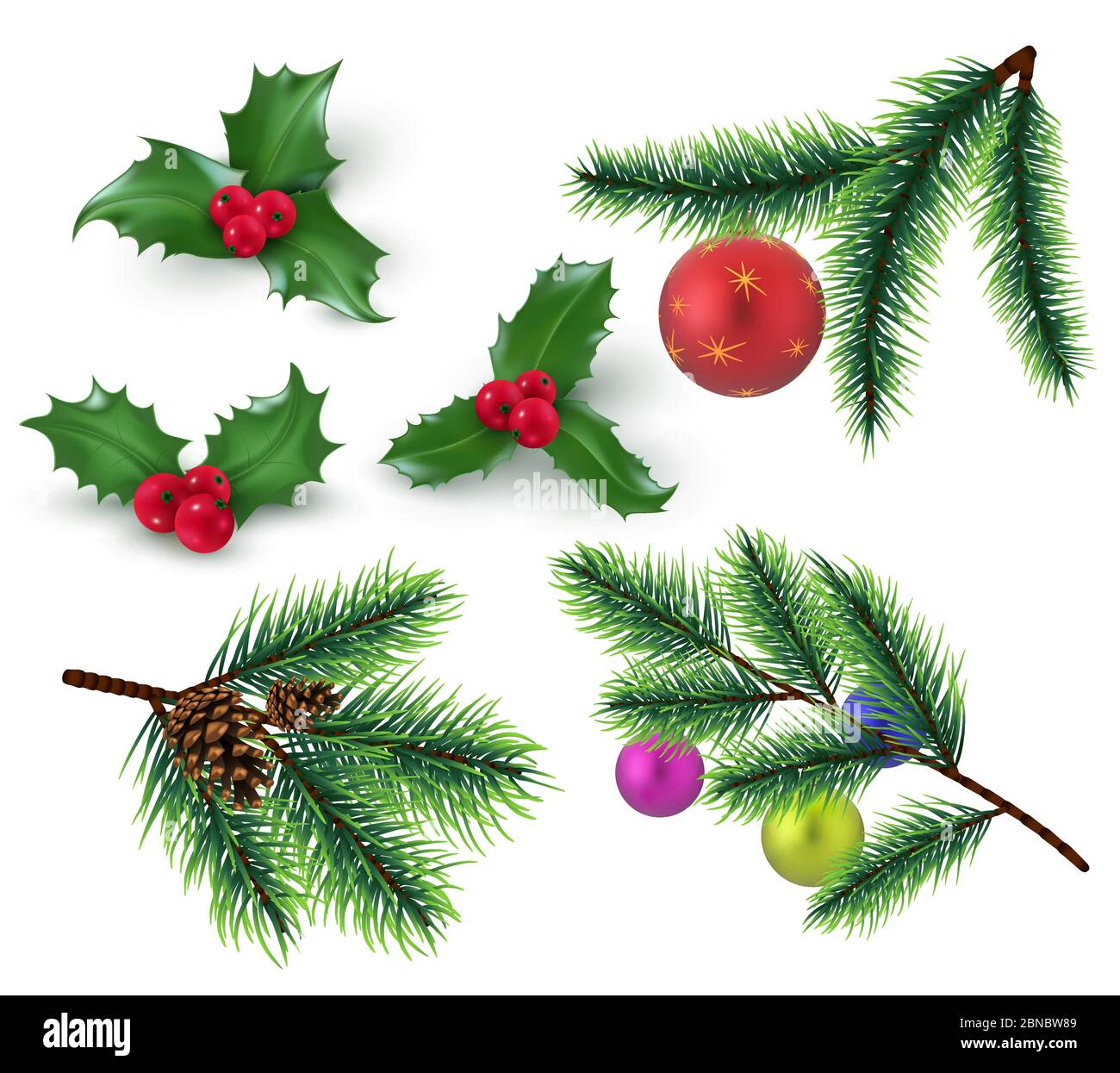 Weihnachtsdekoration. Realistische Tannenzweige und rote Beeren, Stechpalme und weihnachtskugel. Winter Urlaub Vektorelemente. Baum weihnachtszweig, Holly Feier traditionelle Illustration Stock Vektor