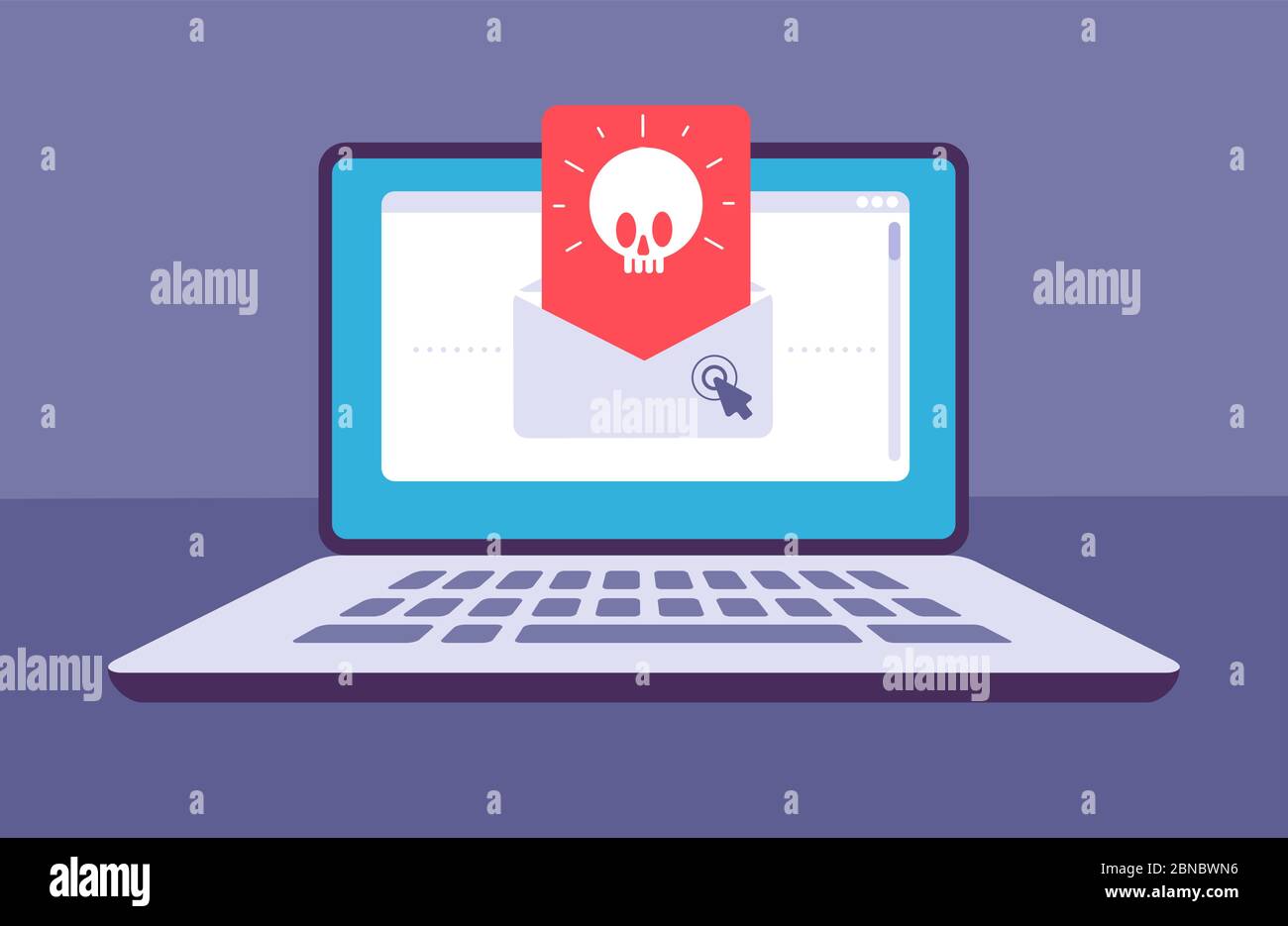 E-Mail-Virus. Umschlag mit Malware-Nachricht mit Schädel auf Laptop-Bildschirm. E-Mail-Spam, Phishing-Betrug und Hacker-Angriff Vektorkonzept. Spam-Bedrohung auf Laptop, Virus Online-Malware Illustration Stock Vektor