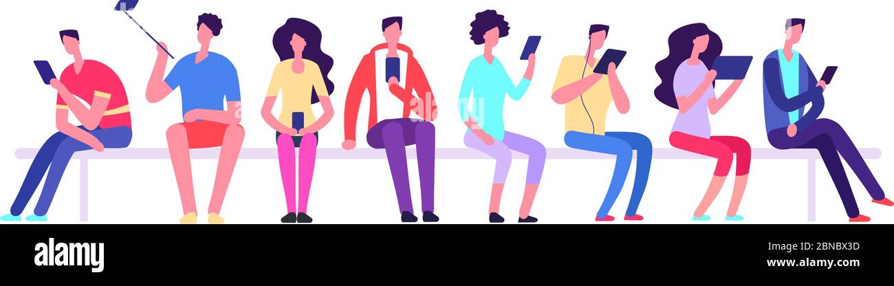 Menschen mit Gadgets sitzen auf Bank. Männer und Frauen mit Handy treffen sich im Freien. Cartoon Student Vektor-Zeichen. Illustration von Mann und Frau mit Gadget mobile Verwendung Stock Vektor