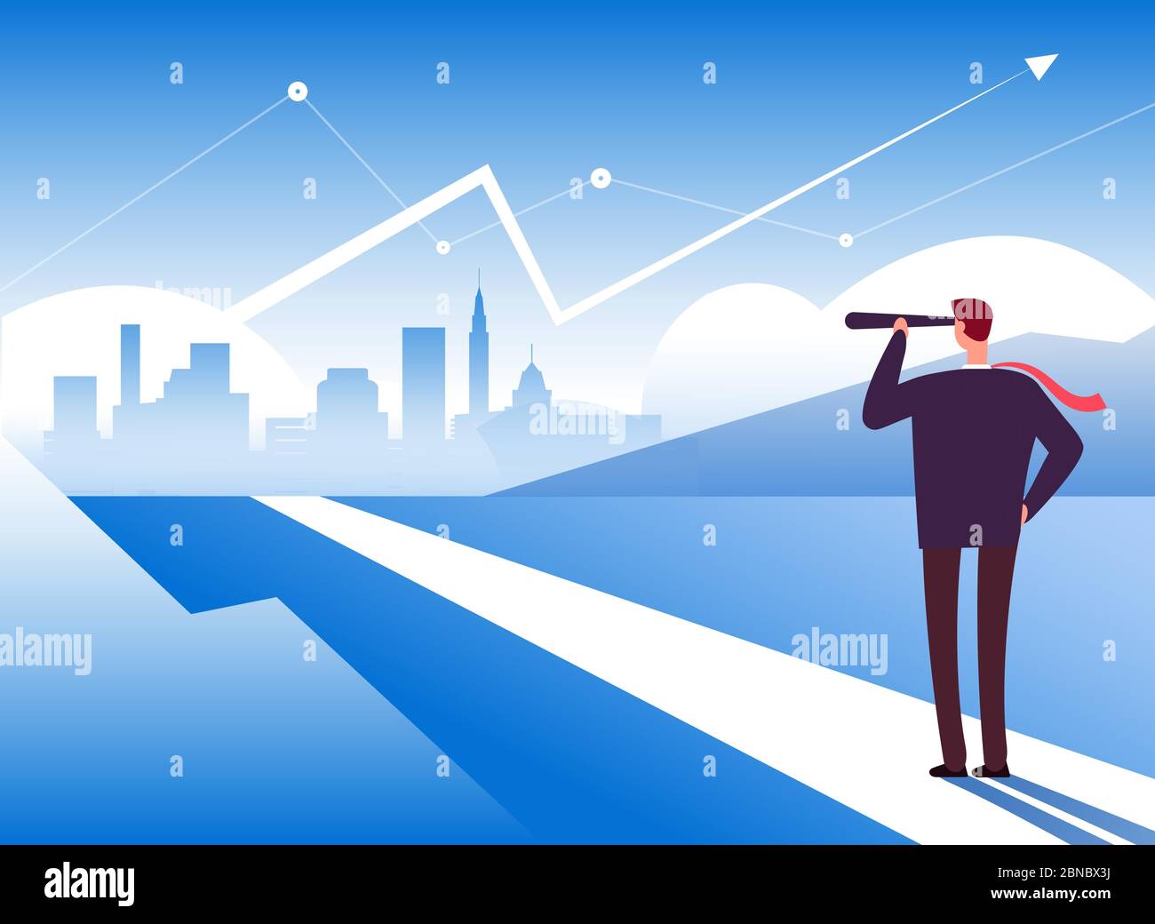 Anfang. Geschäftsmann am Straßenanfang. Chancen und Führung, Gewinn und neue Herausforderung Motivation Business Vektor Konzept. Abbildung der Geschäftsmann Richtung Vision im Teleskop Stock Vektor