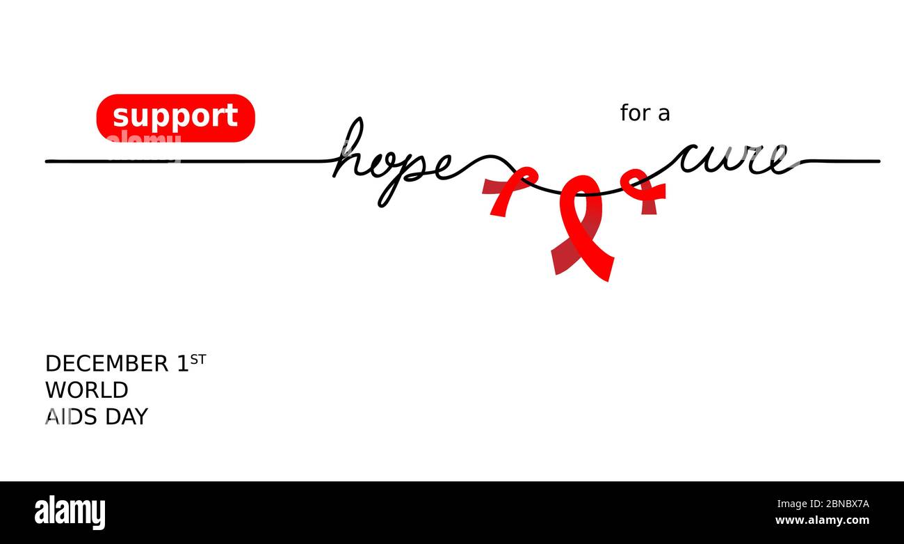 Banner für Hilfsmittel, unterstützung bei der hiv-Genesung. Unterstützen Sie Hoffnung für Heilung Vektor-Illustration mit roten Schleifen und Schriftzug. Ein Webbanner mit kontinuierlicher Strichzeichnung Stock Vektor