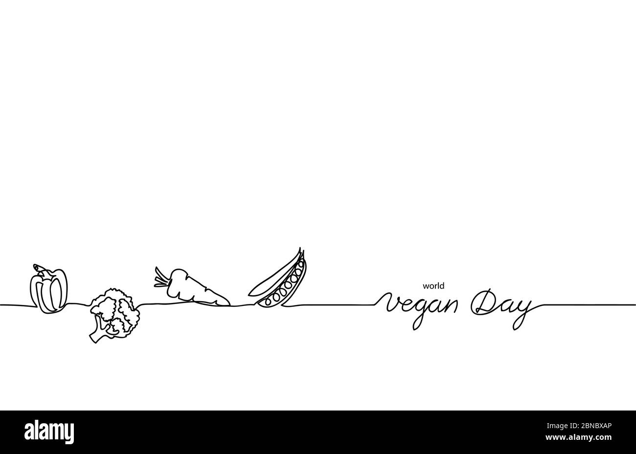 Welt Veganer Tag Grenze, Hintergrund mit Gemüse. Einfacher, schwarz-weißer veganer Vektorhintergrund. Gemüse eine kontinuierliche Strichzeichnung Stock Vektor