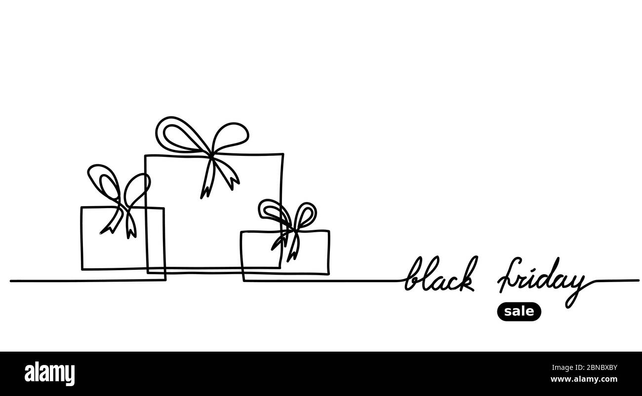 Black friday Einfache Vektor-Boxen Web-Banner. Eine durchgehende Strichzeichnung mit Geschenk, Schachteln. Mininal Black friday Banner Stock Vektor