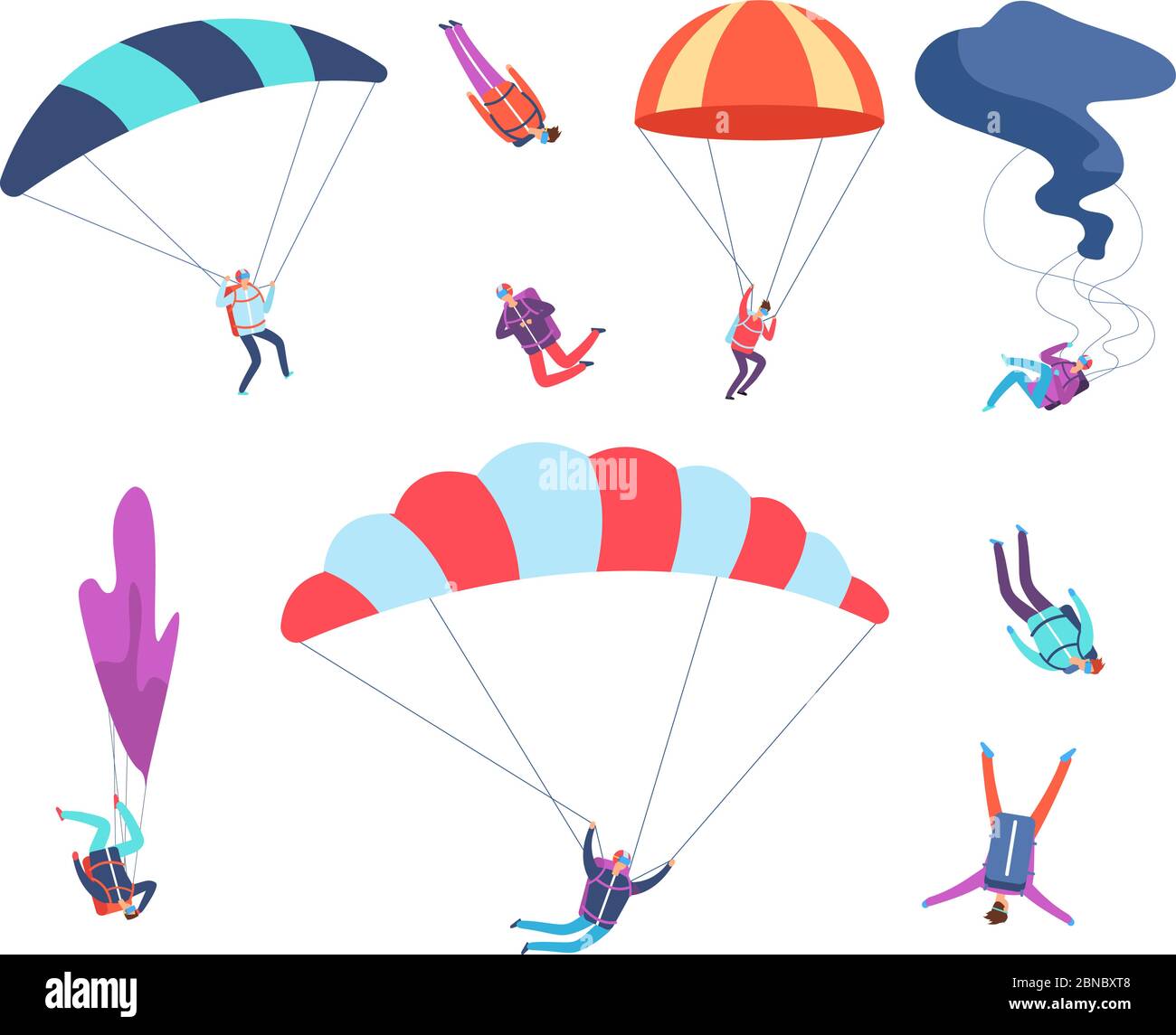 Fallschirmspringer Set. Menschen springen mit Fallschirmen. Gefährliche Sport Himmel Springer, Fallschirmspringer Cartoon Vektor-Charaktere. Abbildung Fallschirmspringen mit Fallschirm, Fallschirmjäger und Fallschirmspringen Stock Vektor