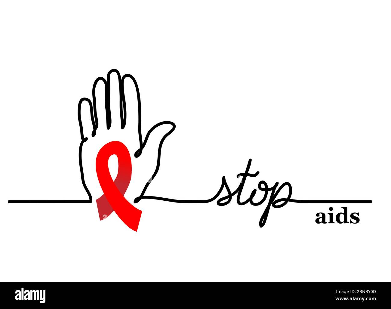 Anschlaghilfen. Vektor-Hintergrund mit Hand und rotem Band, Schleife. Stop Aids Lettering, eine kontinuierliche Linie Zeichnung Web Banner Stock Vektor