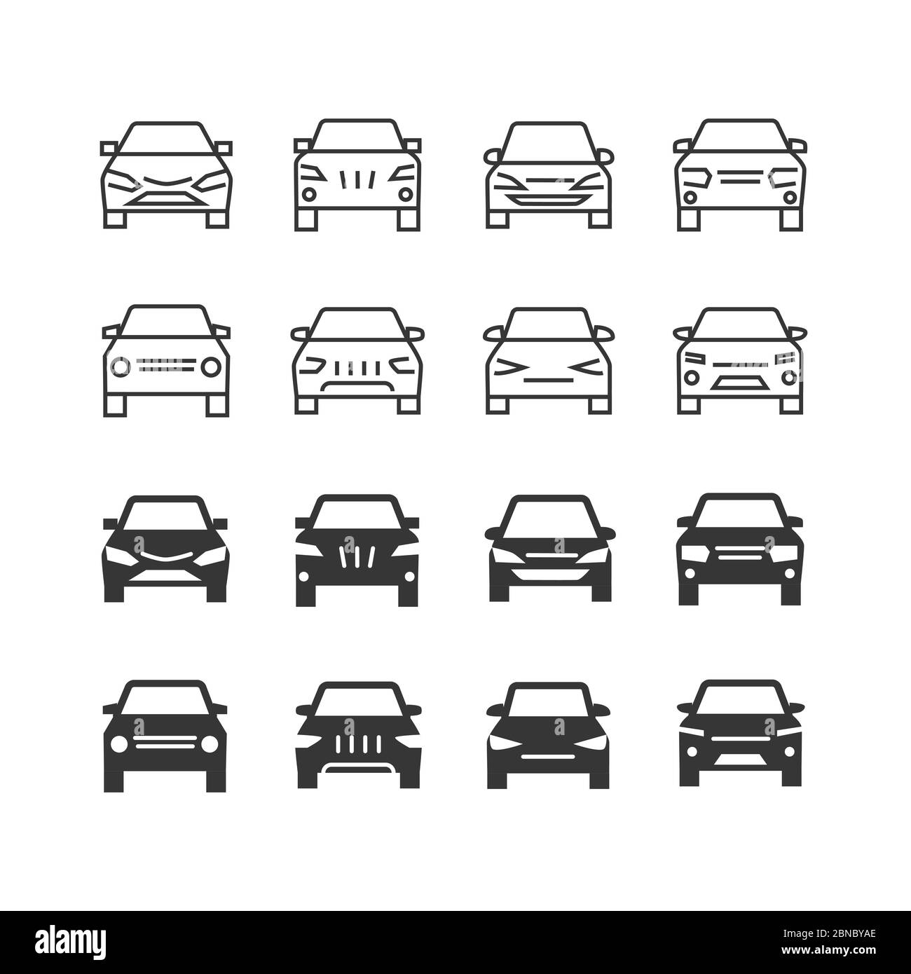 Symbole für die vordere Ansichtslinie und die Silhouette der Vektorgrafik. Abbildung der Auto-Fahrzeug-Front, Automobil-und Auto-Umriss Stock Vektor
