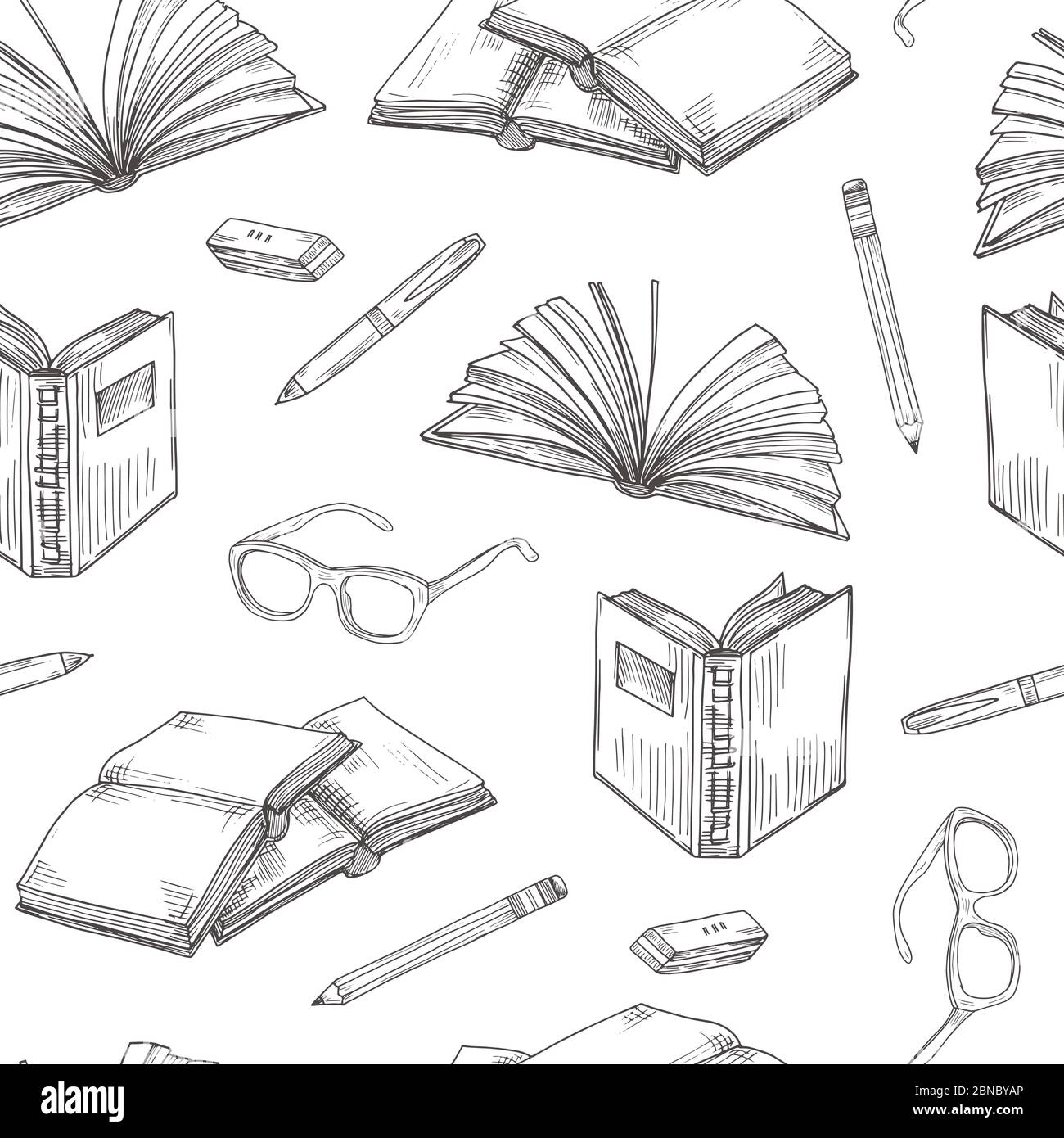 Skizzenbücher nahtlose Muster. EBooks Lesen und Schreiben, Schulbildung und Bibliothek Doodle Vektor Hintergrund mit Büchern Haufen. Lehrbuch, Buch Skizze Schule Muster Stock Vektor