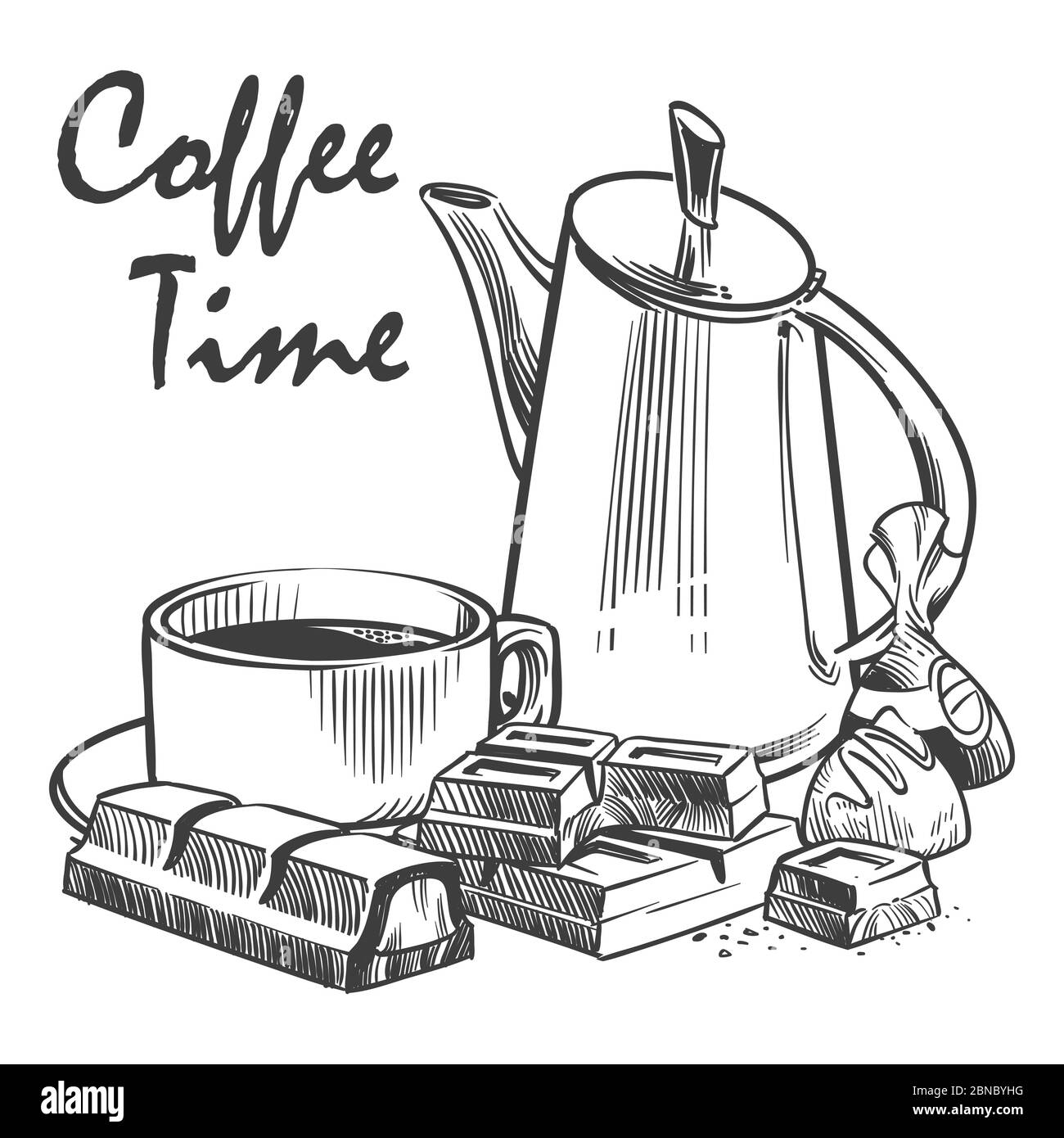 Handgezeichnete Vektorgrafik für Kaffezeit. Tasse Kaffee, Schokolade, Praline und Topf auf weißem Hintergrund isoliert Stock Vektor