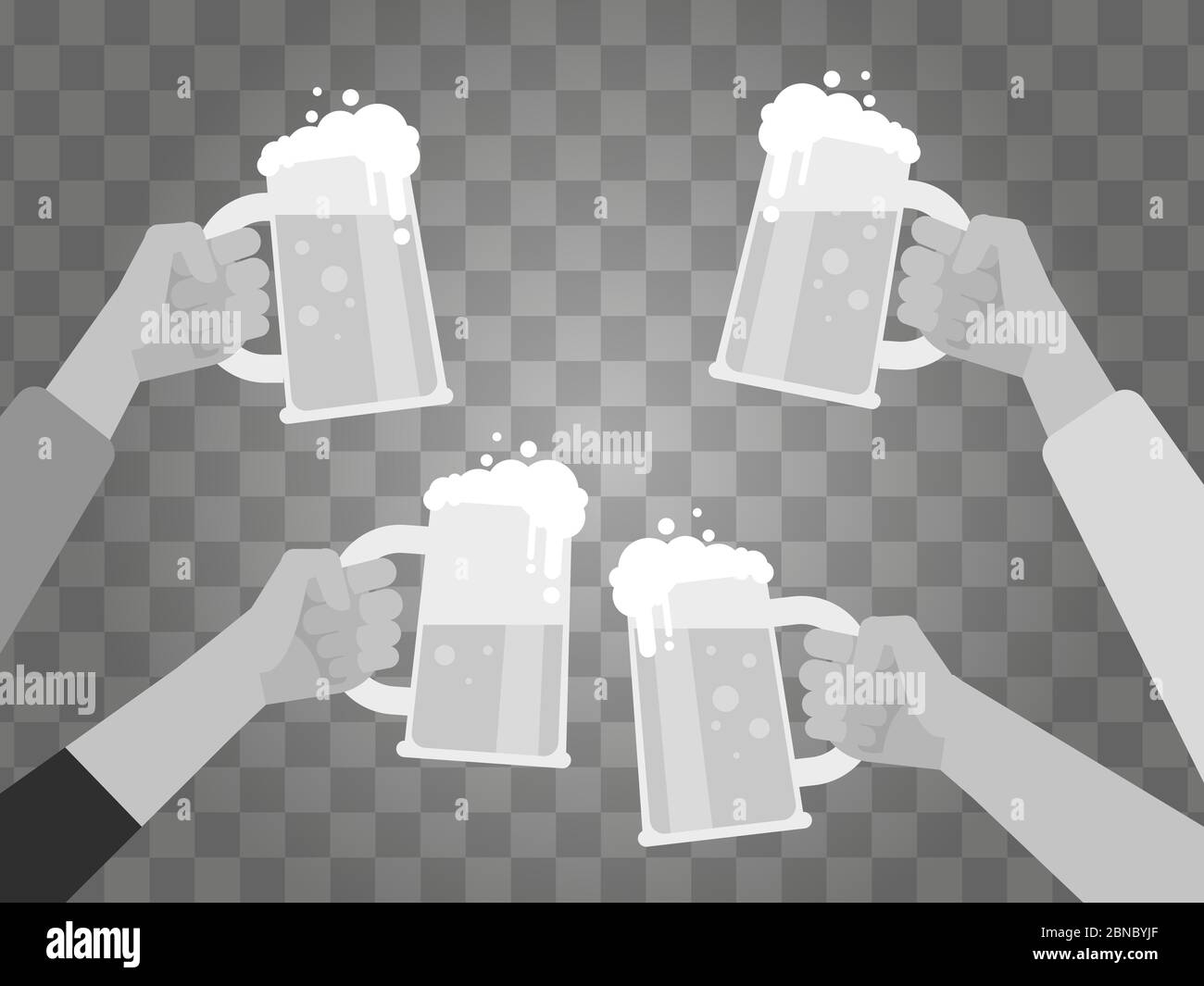 Hände halten Biergläser isoliert auf transparentem Hintergrund. Vektor fröhliche Menschen klirrrend Illustration Stock Vektor