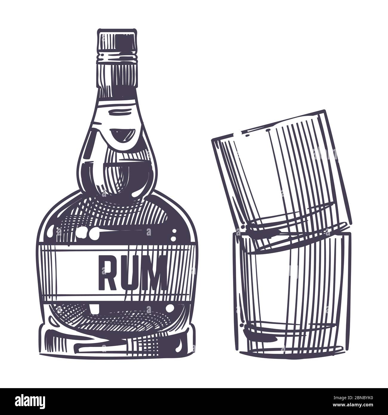 Hand gezeichnet Rum und zwei Gläser Vektor isoliert auf weißem Hintergrund Illustration Stock Vektor
