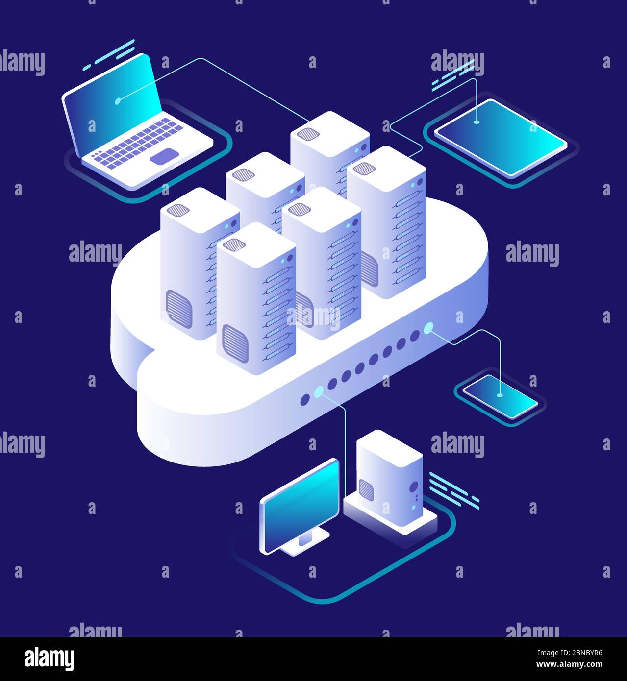 Cloud Computing-Konzept. Computing-Netzwerk, Cloud-Smartphone-App. Datenspeichertechnologie 3d-Vektor-Infografik. Abbildung des Kommunikations- und Verbindungsdienstes, computerisometrische Verarbeitung Stock Vektor