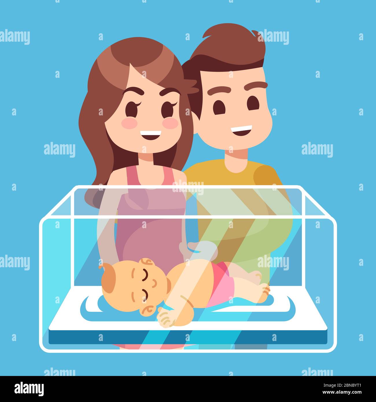 Glückliche Eltern mit neugeborenes Kind in der Glasbox. Cartoon Familie Vektor Illustration. Baby Neugeborenes und Familie Mutter Vater Stock Vektor