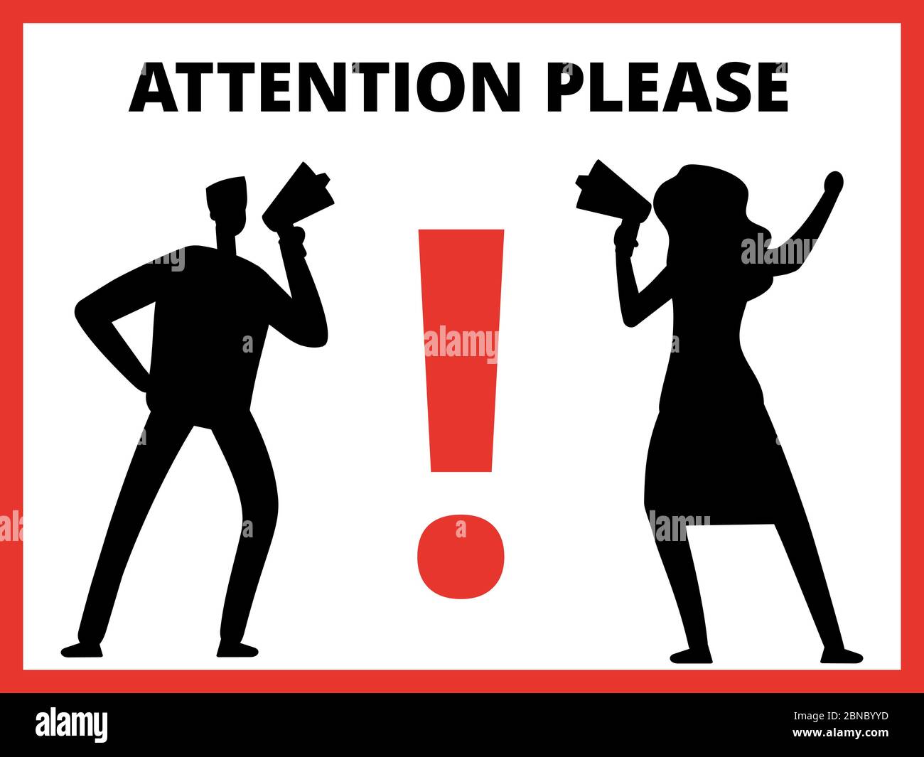 Design des Info-Banners. Mann und Frau Silhouetten mit Megaphon und Nachricht Aufmerksamkeit bitte Vektor-Illustration Stock Vektor