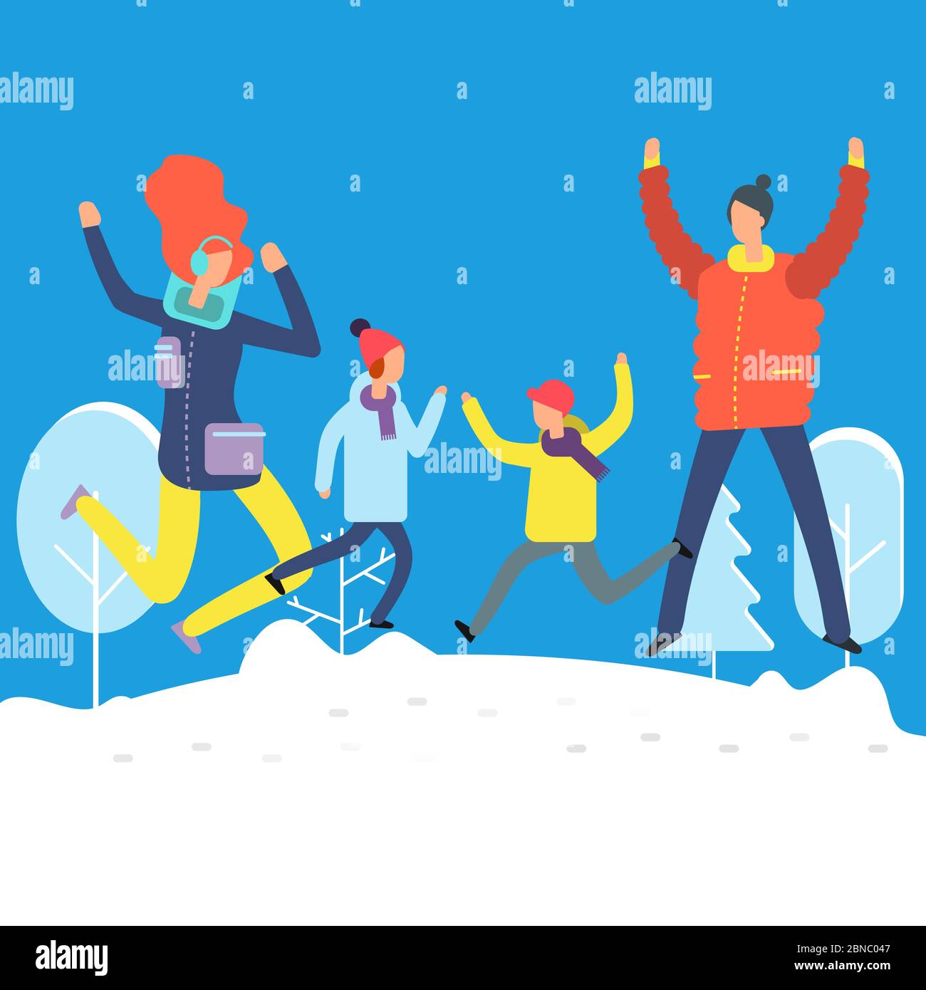 Cartoon-Figuren in Winterkleidung. Glückliche Familie springen in Schneewehe. Winterszene und glückliche Familie Illustration Stock Vektor