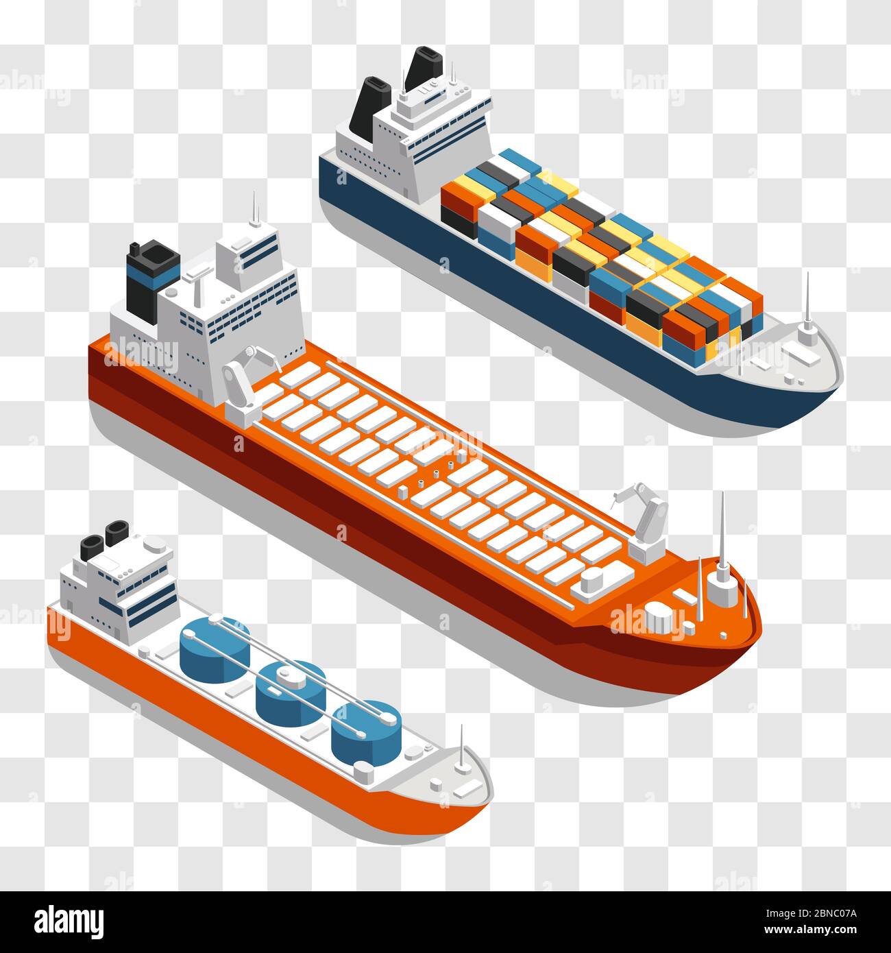 Moderne Frachtschiffe isometrisches Vektordesign. Satz von Transportschiffen isoliert auf transparentem Hintergrund. 3d-Schiffsfracht in See, Schifffahrt und logistische Beförderung auf dem Seeweg Illustration Stock Vektor