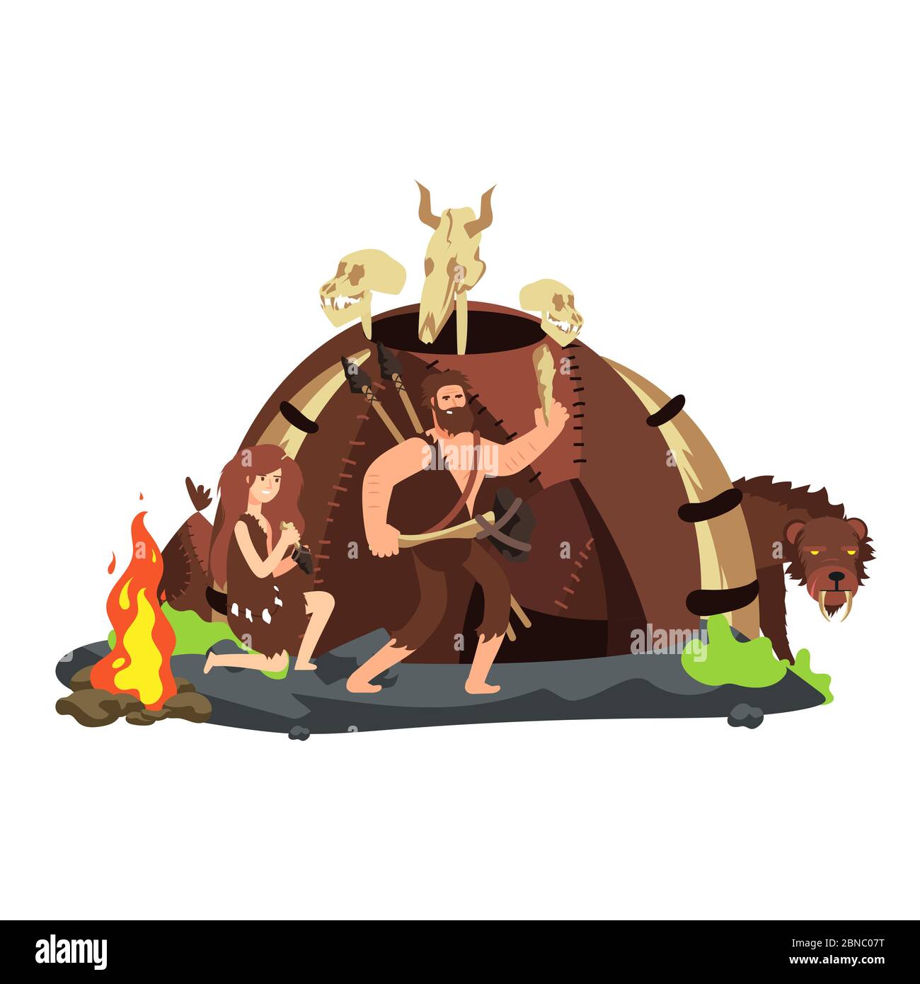 Cartoon-Stil Jagd neolithischen Menschen und Säbelzahntiger. Vektorgrafik Stock Vektor