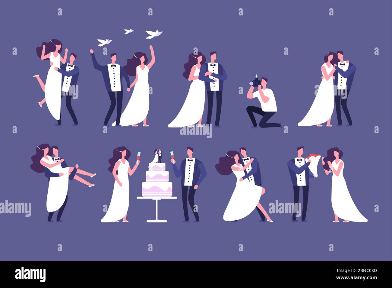 Hochzeitspaare. Braut und Bräutigam auf Trauung. Heiraten Menschen Charaktere isoliert Set. Hochzeit, Bräutigam und Braut, romantische zusammen Illustration Stock Vektor