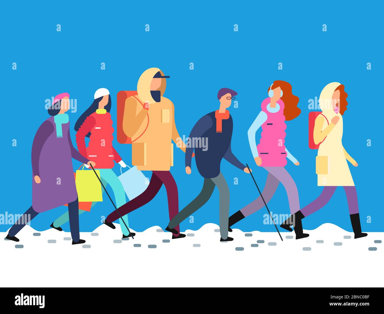 Menschen in Winterkleidung. Cartoon Mann und Frau, Jugendliche zu Fuß in der kalten Jahreszeit. Vektor Illustration Winter Hintergrund Stock Vektor