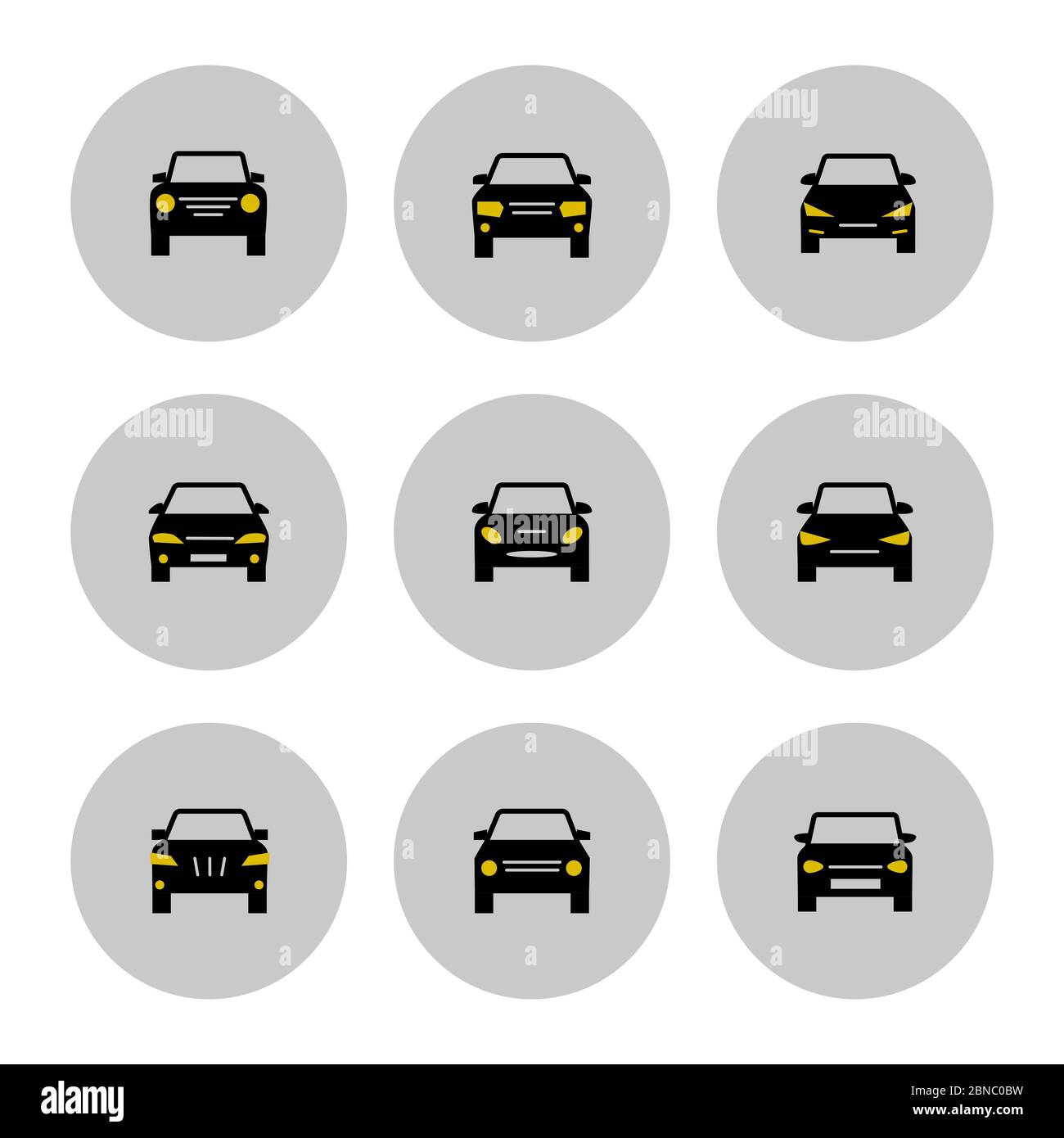 Vorderansicht Autos Symbol mit gelben Lichter isoliert auf weiß. Vektorgrafik Stock Vektor