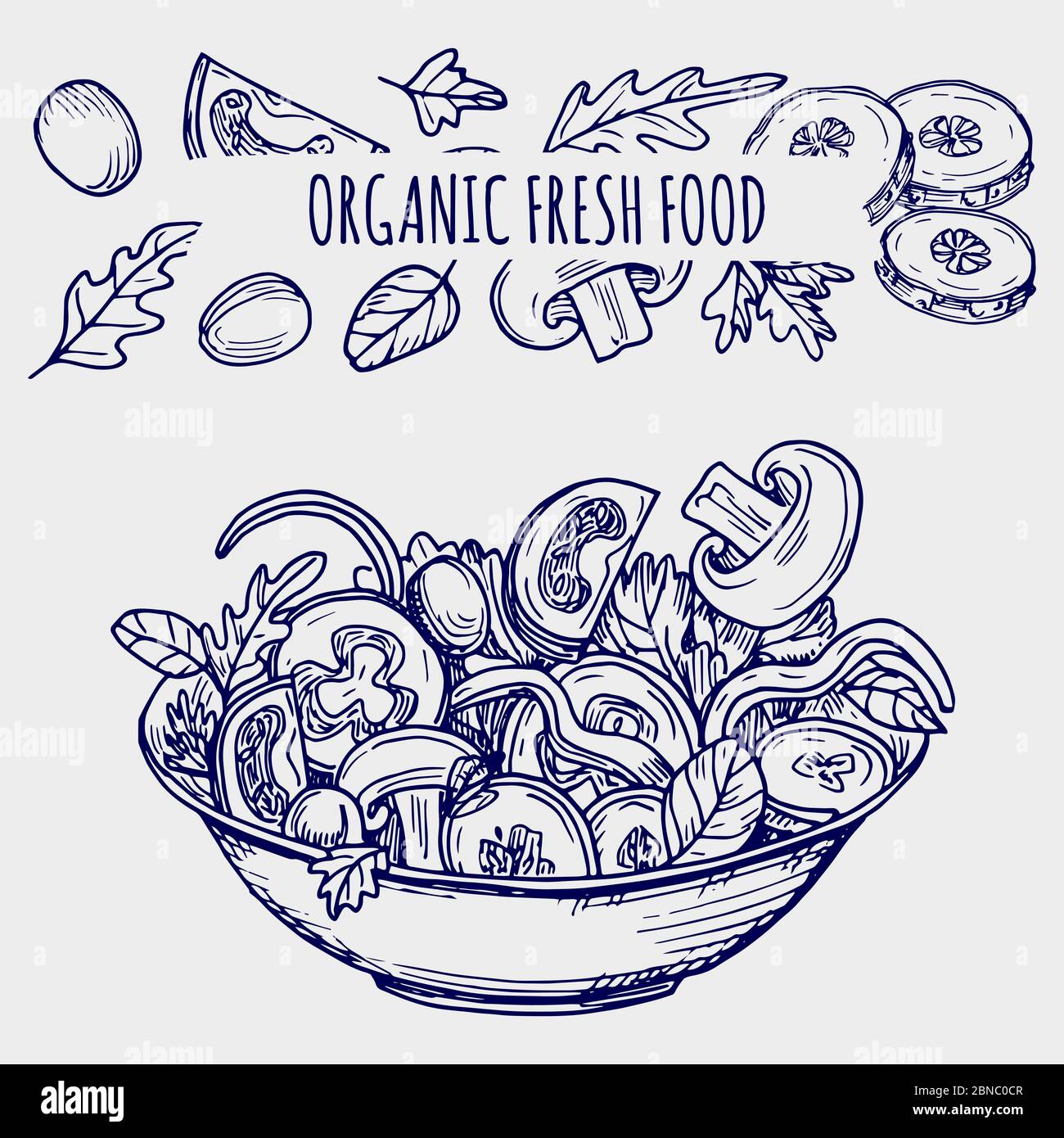 Hand gezeichnet Salatschüssel und Gemüse - Kugelschreiber Skizze gesunde Lebensmittel Vektor Illustration Stock Vektor
