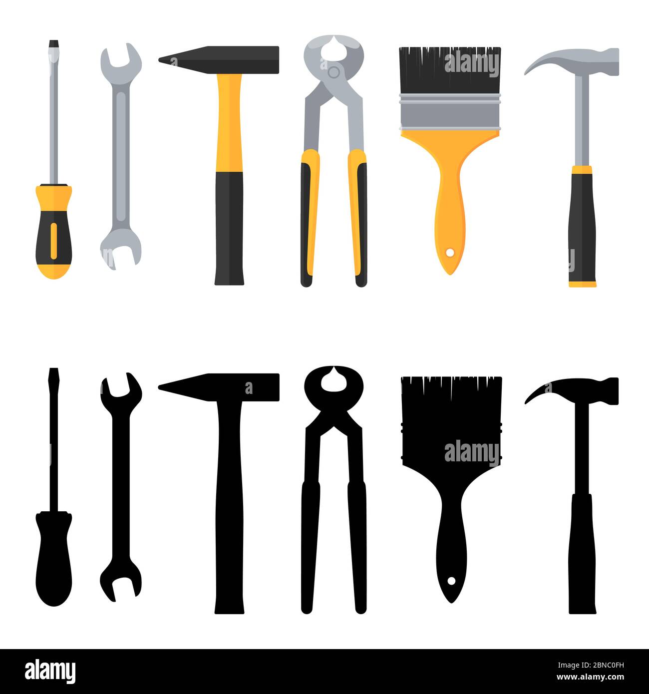 Reparatur und Konstruktion Vektor-Tools Symbole gesetzt. Abbildung von Reparaturwerkzeugen, Zangen und Schraubenschlüssel, Bürste und Hammer Stock Vektor