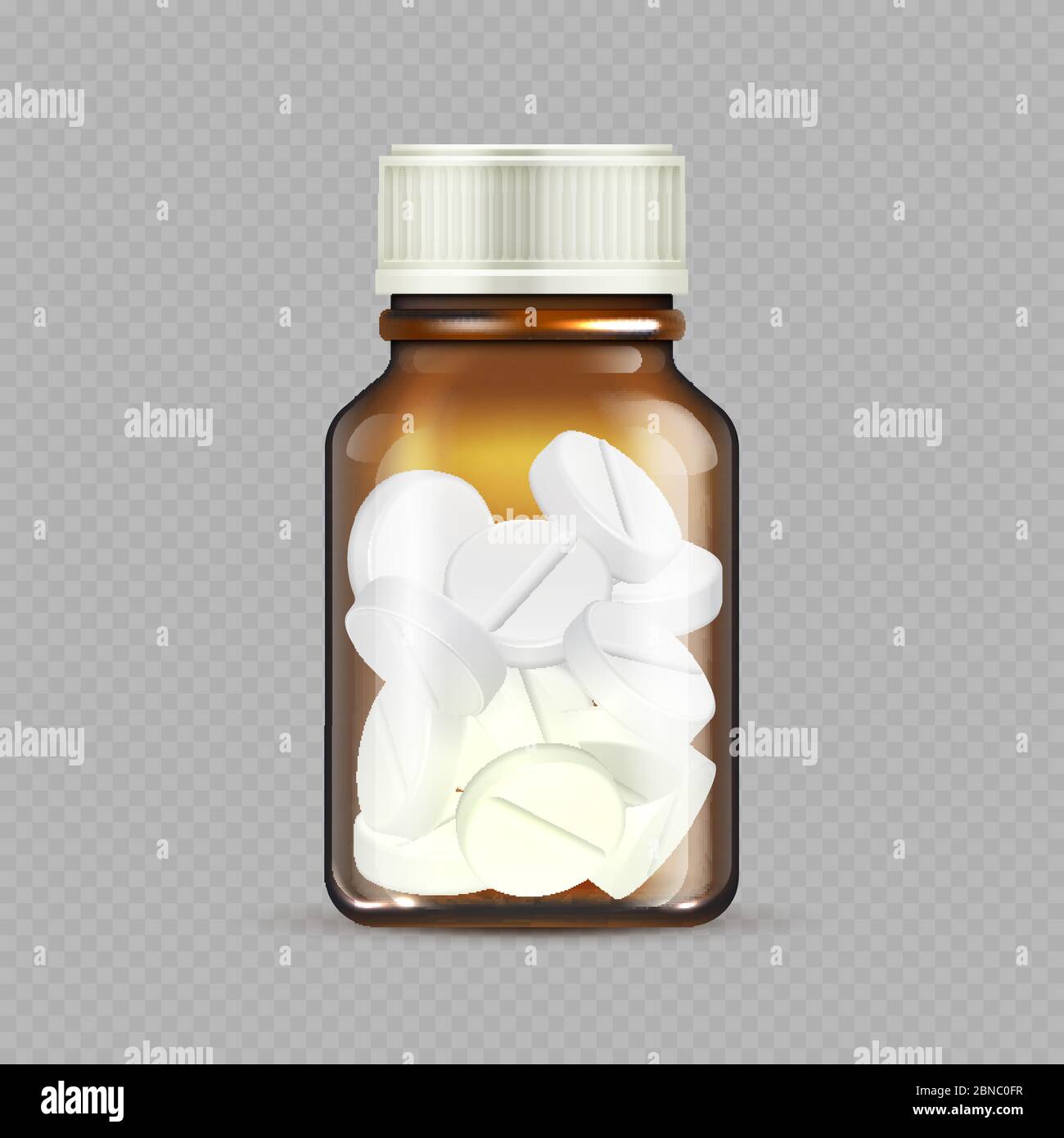 Realistische Drogenflasche auf transparentem Hintergrund isoliert. Braune Glasflasche mit Pillen - Medizin Vektor Illustration. Medizinische Flasche mit Tabletten, Apotheke und Medikamente Behälter Stock Vektor
