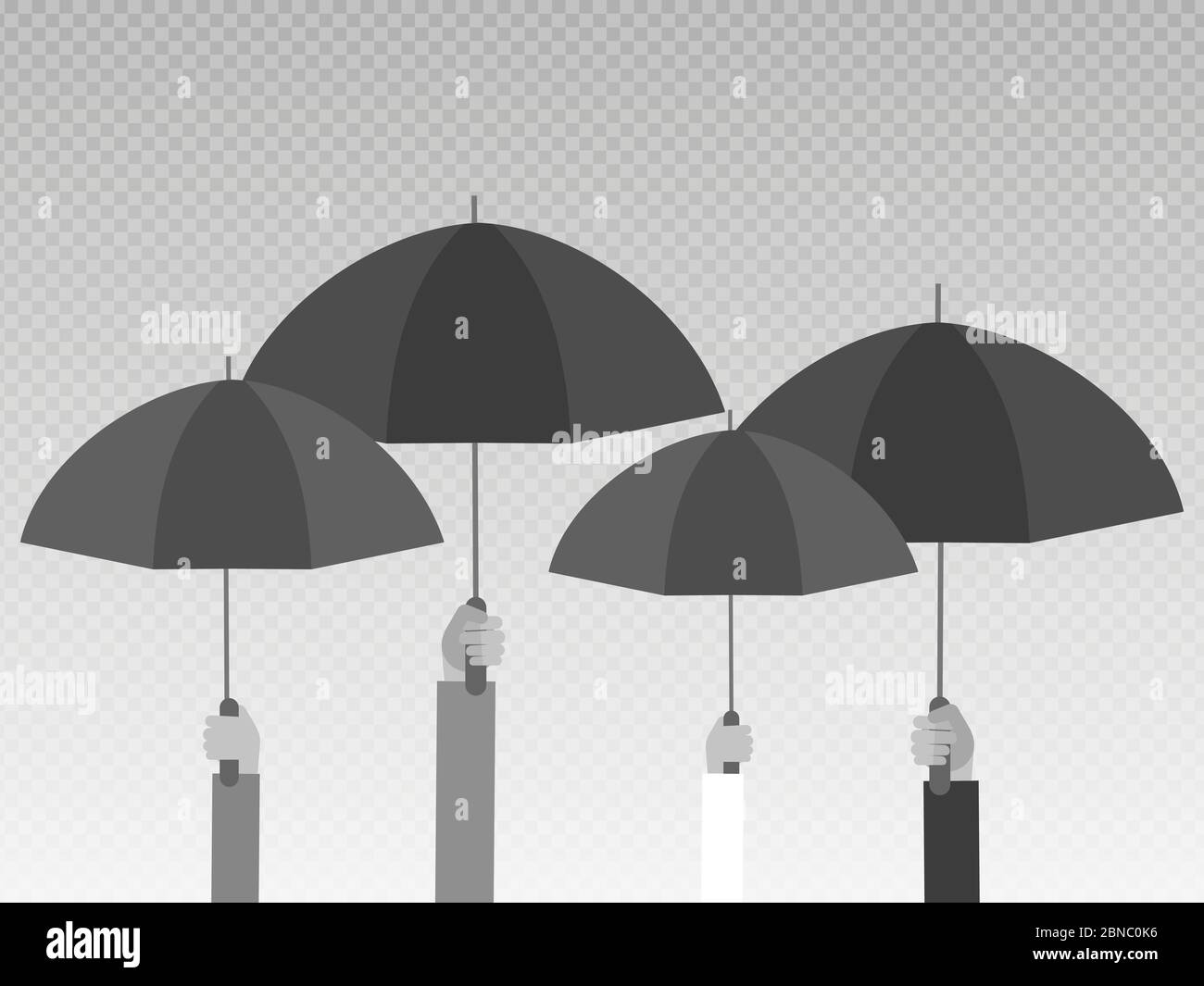 Hände halten schwarze Regenschirme isoliert auf transparentem Hintergrund. Vektorgrafik Stock Vektor