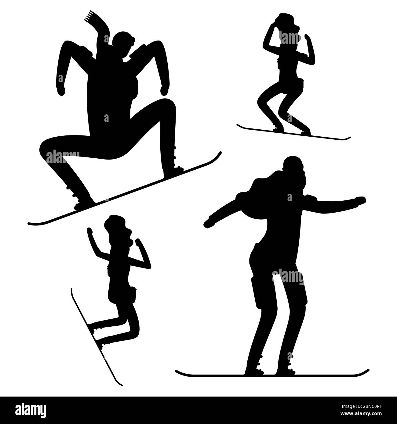 Snowboarding Menschen schwarze Silhouetten isoliert auf weißem Hintergrund. Aktiver Sportmann, Vektorgrafik Stock Vektor
